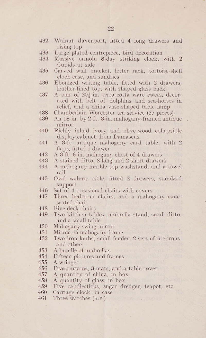 Walnut davenport, fitted 4 long drawers and rising top Large plated: centrepiece, bird decoration Massive ormolu 8-day striking clock, with 2 Cupids at side Carved wall bracket, letter rack, tortoise-shell clock case, and sundries Ebonized writing table, fitted with 2 drawers, leather-lined top, with shaped glass back A pair of 204-in. terra-cotta ware ewers, decor- ated with belt of dolphins and sea-horses in relief, and a china vase-shaped table lamp Chamberlain Worcester tea service (27 pieces) An 18-in. by 2-ft. 3-in. mahogany-framed antique mirror Richly inlaid ivory and olive-wood collapsible display cabinet, from Damascus A 3-ft. antique mahogany card table, with 2 flaps, fitted 1 drawer A 3-ft. 6-in. mahogany chest of 4 drawers A stained ditto, 3 long and 2 short drawers A mahogany marble top washstand, and a towel rail Oval walnut table, fitted 2 drawers, standard support Set of 4 occasional chairs with covers Three bedroom chairs, and a mahogany cane- seated chair Five deck chairs Two kitchen tables, umbrella stand, small ditto, and a small table Mahogany swing mirror Mirror, in mahogany frame Two iron kerbs, small fender, 2 sets of fire-irons and others A bundle of umbrellas Fifteen pictures and frames A wringer Five curtains, 3 mats, and a table cover A quantity of china, in box A quantity of glass, in box Five candlesticks, sugar dredger, teapot, etc. Carriage clock, in case Three watches (A.F.)