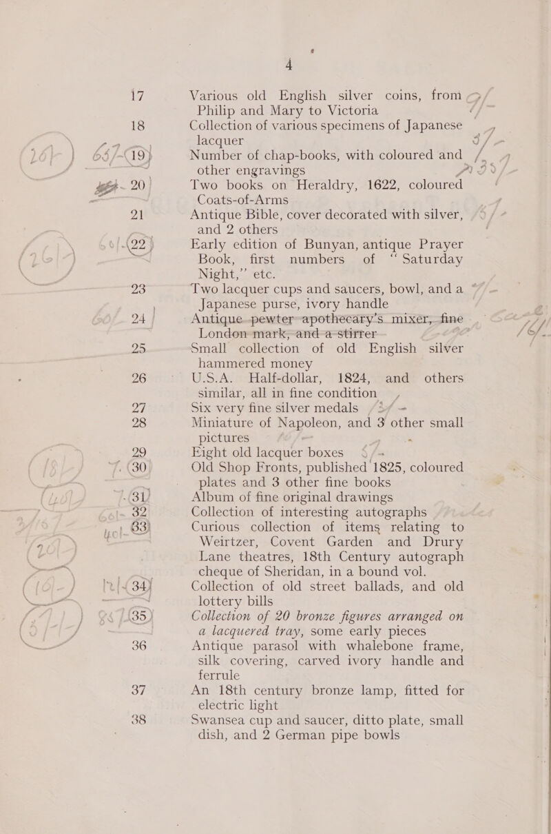 17 18 21 26 27 28 Phd) 36 37 38 4 Various old English silver coins, from Philip and Mary to Victoria lacquer other engravings Coats-of-Arms Antique Bible, cover decorated with silver, and 2 others | Early edition of Bunyan, antique Prayer Book, first numbers of “ Saturday Night,” etc. Japanese purse, ivory handle London mark, and a-stirrer Small collection of old English silver hammered money U.S.A. - Half-dollar, 1824, and? others similar, all in fine condition | Six very fine silver medals /3/ = Miniature of Napoleon, and 3 other small pictures | « Fight old lacquer boxes 6 /- Old Shop Fronts, published 1825, coloured plates and 3 other fine books Album of fine original drawings Collection of interesting autographs Curious collection of items relating to Weirtzer, Covent Garden and Drury Lane theatres, 18th Century autograph cheque of Sheridan, in a bound vol. Collection of old street ballads, and old lottery bills Collection of 20 bronze figures arranged on a lacquered tray, some early pieces Antique parasol with whalebone frame, silk covering, carved ivory handle and ferrule An 18th century bronze lamp, fitted for electric light Swansea cup and saucer, ditto plate, small