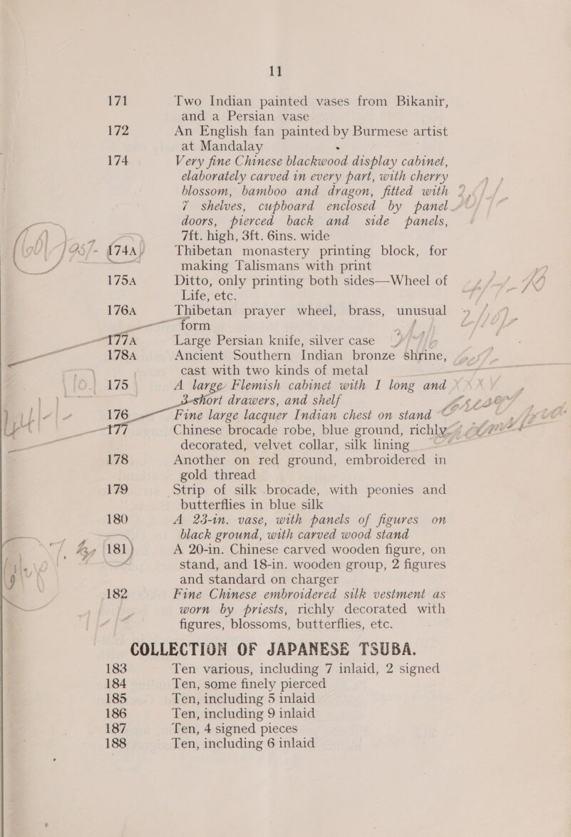 1] 171 Two Indian painted vases from Bikanir, and a Persian vase 172 An English fan painted by Burmese artist at Mandalay 174 Very fine Chinese eee display cabinet, elaborately carved in every part, with cherry blossom, bamboo and dragon, fitted with 2, 7 shelves, cupboard enclosed by panel doors, pierced back and side _ panels, 7it. high, 3ft. 6ins. wide A in = making Talismans with print 175A Ditto, only printing both sides—Wheel of Life, etc. 176A Thibetan prayer wheel, brass, unusual leet FOL 717A Large Persian knife, silver case _ 178A Ancient Southern Indian bronze bigine: AS, ) cast with two kinds of metal : | 175 A large Flemish cabinet with I long and | , Ses ort drawers, and shelf A ts? , 176. Fine large lacquer Indian chest on stand = ~ 77 Chinese brocade robe, blue ground, richly: ¢ ~¥/7?** decorated, velvet collar, silk lining “ss 178 Another on red ground, embroidered in gold thread 179 Strip of silk brocade, with peonies and butterflies in blue silk 180 A 23-in. vase, with panels of figures on —~, black ground, with carved wood stand , 181) A 20-in. Chinese carved wooden figure, on stand, and 18-in. wooden group, 2 figures and standard on charger 182 © Fine Chinese embroidered silk vestment as worn by priests, richly decorated with figures, blossoms, butterflies, etc. COLLECTION OF JAPANESE TSUBA. 183 Ten various, including 7 inlaid, 2 signed 184 Ten, some finely pierced 185 Ten, including 5 inlaid 186 Ten, including 9 inlaid 187 Ten, 4 signed pieces