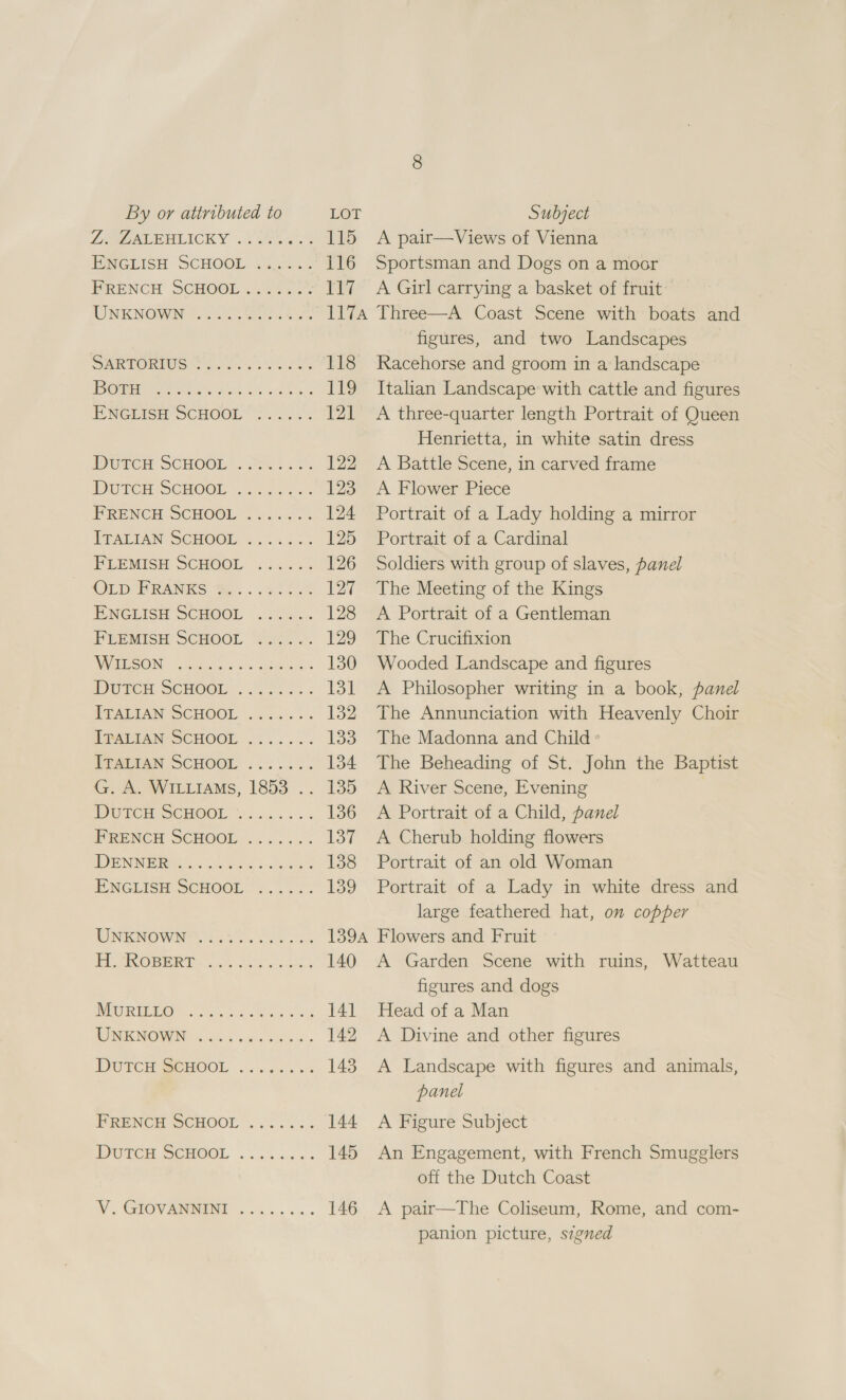 Z. ZALEHLICKY 115 ercrisn SCHOOER. 53/024 116 PRENCH SCHOOL. 720). 117 UNENGWN OS ee 117A SARTORI See cP ee, 118 IOOMH ae eh oe Uk a ras 119 ENGLISH SCHOOL “=... fil DorcH SCHOOL. eS. «2% 122 De RCH OCHOOL Urs l ey +: 123 FRENCH SCHOOL -. 2.550. 124 TTALTAN SCHOOL. &amp;.. 254. 125 FLEMISH SCHOOL ...... 126 Ocp FRANKS #2: 3i 24 wal PNGLISH SCHOOL .x.... 128 FPEEMISH SCHOOL ‘suc... 129 NUMVCON ccs cu cade ees 130 IDUICH SCHOOL er). . i Po ITALIAN SCHOOL .. 24.2. 132, PAPUAN SCHOOL... ..': L323 VOMeTAN SCHOOL ..:..:. 134 G. Ao WILLIAMS, 1853 .. 135 WUBCE SCHOOL Ys .5 ks: 136 IPRENCH SCHOOL ......... 137 CP NIN a sn eae 138 PNGCLIGH SCHOOL” &lt;. 2... 139 DNEENOWNT dg 43 oa oe ek 139A CORRE . k et 140 |. 0p a a hr eae TAt WOIMRNOWIN: 4 O44 bss how 142 DUTCH SCHOOL. ooo ass +s 143 PRENCH SCHOOL ....%.. 144 Jie. Bs oto 6 —_——_ 145 WV, GIGVANGINT-........ 146 A pair—Views of Vienna Sportsman and Dogs on a moor A Girl carrying a basket of fruit Three—A Coast Scene with boats and figures, and two Landscapes Racehorse and groom in a landscape Italian Landscape with cattle and figures A three-quarter length Portrait of Queen Henrietta, in white satin dress A Battle Scene, in carved frame A Flower Piece Portrait of a Lady holding a mirror Portrait of a Cardinal Soldiers with group of slaves, panel The Meeting of the Kings A Portrait of a Gentleman The Crucifixion Wooded Landscape and figures A Philosopher writing in a book, panel The Annunciation with Heavenly Choir The Madonna and Child » The Beheading of St. John the Baptist A River Scene, Evening | A Portrait of a Child, panel A Cherub holding flowers Portrait of an old Woman Portrait of a Lady in white dress and large feathered hat, on copper Flowers and Fruit A Garden Scene with ruins, Watteau figures and dogs Head of a Man A Divine and other figures A Landscape with figures and animals, panel A Figure Subject An Engagement, with French Smugglers off the Dutch Coast A pair—The Coliseum, Rome, and com- panion picture, signed