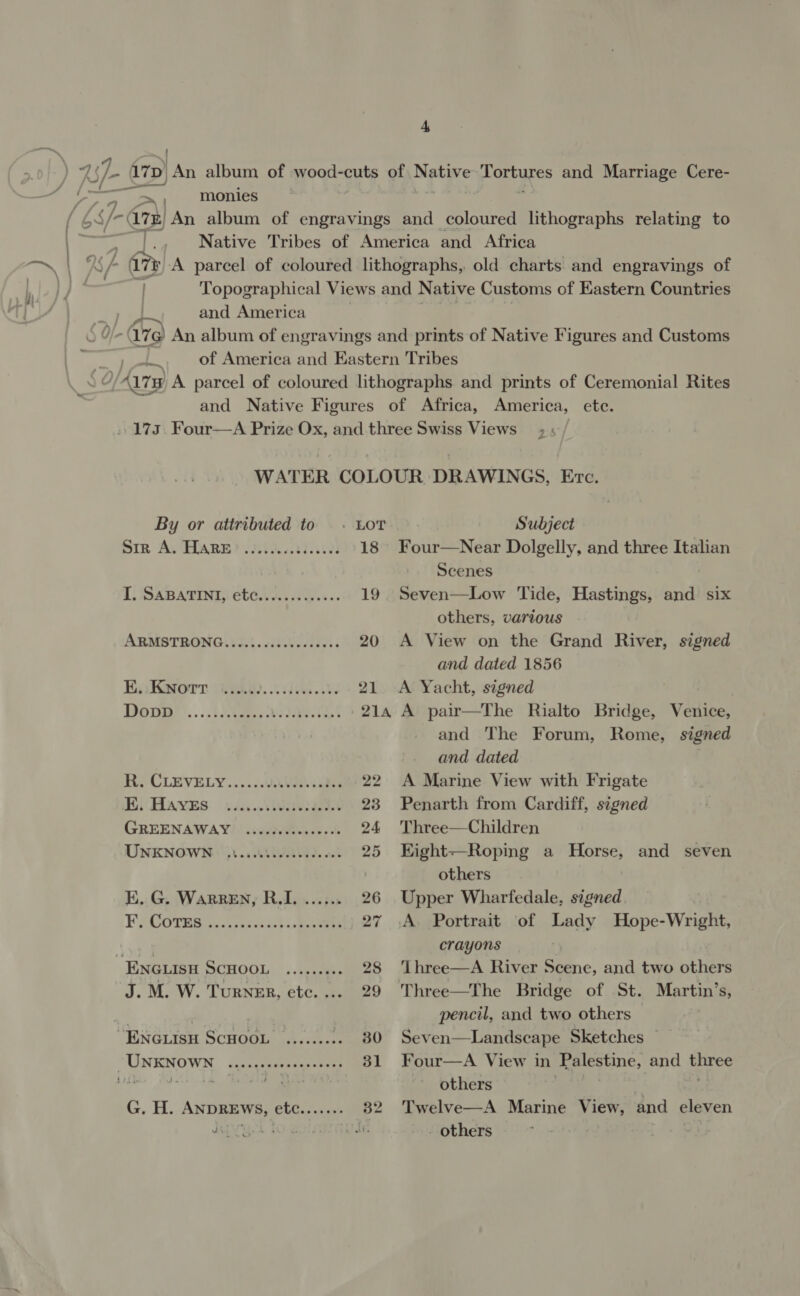 A ae monies Native Tribes of America and Africa Topographical Views and Native Customs of Eastern Countries and America | of America and Eastern Tribes Al7H A parcel of coloured lithographs and prints of Ceremonial Rites and Native Figures of Africa, America, ete. . WATER COLOUR DRAWINGS, Evc. By or attributed to + LOT Subject SIR A. HARE) . it jetie cies 18° Four—Near Dolgelly, and three Italian Scenes I. SABATINI, et¢............. 19 Seven—Low Tide, Hastings, and six others, vartous ARMSTRONG......cccceccesees 20 A View on the Grand River, signed and dated 1856 Kyaw Wee. sie. ve 21 A Yacht, signed TOI? ....t uate Ye ede beet 214 A pair—The Rialto Bridge, Vithine, and The Forum, Rome, signed and dated Re CLEVELY......0Avaencadea 22 A Marine View with Frigate HAVES: dic. aN 23. Penarth from Cardiff, signed GREENAWAY ..cececcesecees 24 Three—Children WNKNOWN | ji. seehivesesdeces 25 Eight—Roping a Horse, and seven | others E. G. WarREN, R.I. ....... 26 Upper Wharfedale, signed. VW ACOTESiacasanws ast see 27 .A. Portrait of Lady Hope-Wright, \ ace crayons ENGLISH SCHOOL ......0:. 28 ‘Three—A River Scene, and two others pencil, and two others — “ENGLISH SCHOOL .......... 80 Seven—Landscape Sketches “UNENOWN. duccaspehaesoees 31 Four—A View in Palestine, and peg renee Fue reey Osi veneer others G. H. ANDREWS, etc....... 32 Twelve—A Marine View, and eleven Jig VL AO Ta AAG -. others