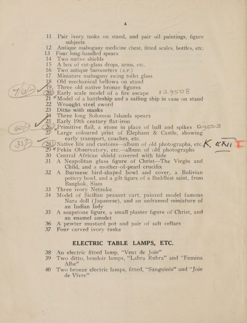 11 Pair ivory tusks on stand, and ae oil paintings, figure subjects 12 Antique mahogany medicine chest, fitted scales, bottles, etc. 13. Four long-handled spears 14 Two native shields 15 A box of cut-glass drops, arms, etc. 16 ‘Two antique barometers (A.F.) 17 Miniature mahogany swing toilet glass 18 Old mechanical bellows on stand (20) Early scale model of a fire escape 12-950 &amp; . ‘21 “Model of a battleship and a sailing ship in case on stand 22 Wrought steel sword 23 Ditto with masks Three long Solomon Islands spears SE Early 19th century flat-iron C26/Primitive flail, a stone in place of ball and spikes . 298 Tay Large coloured | print of Elephant &amp; Castle, showing ~-— early transport, coaches, ete. Nr “CED /Native life and customs—album of old photographs, etc. K. CAG .. “29 ¥Pekin Observatory, etc.—album of old photographs pe ey 30 Central African shield covered with hide 31 A Neapolitan glass figure of Christ—The Virgin aad Child, and a mother-of-pearl crucifix 32 A Burmese bird-shaped bowl and cover, a Bolivian pottery bowl, and a gilt figure of a Buddhist saint, from Bangkok, Siam 33 Three ivory Netsuke 34 Model of Sicilian peasant cart, painted model famous Nara doll (Japanese), and an unframed mmiature of an Indian lady 35 A soapstone figure, a small plaster file of Christ, <a an enamel amulet 36 A pewter mustard pot and pair of salt cellars” 37 Four carved ivory — ELECTRIC TABLE LAMPS, ETC. 38 Am electric fitted lamp, “Vent de Jote” 39 Two ditto, boudoir lamps, “Labra Rubra” and “Femina Albe”’ 40 Two bronze electric lamps, fitted, “Sanguinis” and “Joie de Vivre”