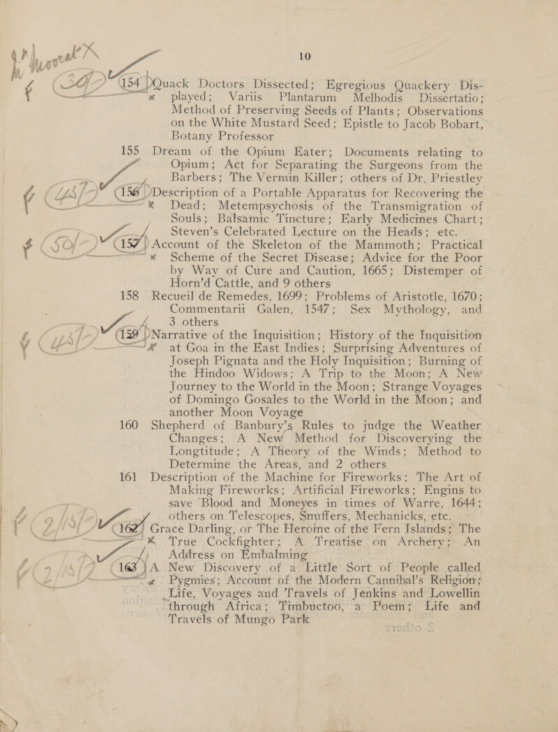  Qh), tak he 10 : ¢ MY cs DQuack Doctors Dissected; Egregious Quackery Dis- i “« played; Variis Plantarum Melhodis — Dissertatio; Method of Preserving Seeds of Plants; Observations on the White Mustard Seed; Epistle to Jacob Bobart, Botany Professor 155 Dream of the Opium Eater; Documents welisine” to ai Opium; Act for Separating the Surgeons from the =~ pf Barbers; The Vermin Killer; others of Dr, Priestley 4 IS ig rae of a Portable Apparatas for Recovering the ft N\A Dead; ~ Metempsychosis of the Transmigration of Souls; Balsamic Tincture; Early .Medicines Chart; | Steven’s Celebrated Lecture on the Peaks * etc. y /SO/7 J” Uy ) Account of the Skeleton of the Mammoth; Practical LS «Scheme of the Secret Disease; Advice for the Poor by: Way of Cure and Caution, 1665; Distemper of Horn’d Cattle, and 9 others 158 Recueil de Remedes, 1699; Problems of Aristotle, 1670; Commentarii Galen, 1547; Sex Mythology, and  =~ Mw 3 others ff il} CU: Narrative of the Inquisition; History of the Inquisition VV lO J4 at Goa in the East Indies; Surprising Adventures of : Joseph Pignata and the Holy Inquisition ; Burning of the Hindoo Widows; A Trip to the Moon; A New Journey to the World in the Moon; Strange Voyages _ of Domingo Gosales to the World in the Moon; and another Moon Voyage ~ 160 Shepherd of Banbury’s Rules to judge the Weather Changes; A New Method for Discoverying the Longtitude; A Theory of the Winds; Method to Determine the Areas, and 2 others 161 Description of the Machine for Fireworks; The Art of Making Fireworks; Artificial Fireworks: Engins to save Blood and Moneyes in times of Warte, 1644; | y . others. on Telescopes, Snuffers, Mechanicks, ‘ete. . w/' ~L 162) Grace Darling, or The Heroime of ‘the Fern Islands; The ee ee BT Ne Cock hohten dae reaieee. ion Archery; An , (el Address on Embalming Ss < )A New Discovery of a Littfe s6ce of, People called cx Pygmies; Account of the Modern Cannibal’s Religion; Life, Voyages and Travels of Jenkins and Lowellin “through: Agfrica™ Timbuctoo, ‘a Poem; Life and Travels of Mungo Park   Brae. ce an Arh es 4 tp yy fy 3 Ce Aud ate A a 