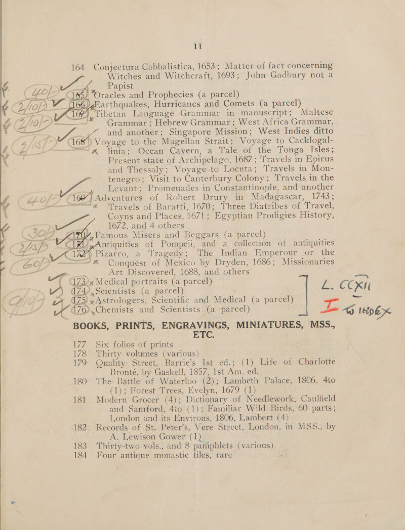 164 Conjectura Cabbalistica, 1653; Matter of fact concerning Witches and Witchcraft, 1693; John Gadbury not a wH. Papist  DO une! 6} “Oracles and Prophecies (a parcel) Hold ax arthquakes, Hurricanes and Comets (a parcel) ‘16/) Tibetan Language Grammar in manuscript; Maltese f Of) Grammar; Hebrew Grammar; West Africa Grammar, a a Aes a and another; Singapore Mission; West Indies ditto a <77)”% G68) Voyage to the Magellan Strait; Voyage to Cacklogal- Te na Ocean Cavern, “a-Talesot the Ponga Isles; = Present state of Archipelago, 1687; Travels in Epirus and Thessaly; Voyage-to Locuta; Travels in Mon- : tenegro; Visit to Canterbury Colony; Travels in the Pos Levant; Promenades in Constantinople, and another {69/7 Adventures of Robert Drury in Madagascar, 1743; ; =<! ¢ Travels of Baratti, 1670; Three Diatribes of Travel, Coyns and Places, 1671; Egyptian Prodigies History, AT 1672, and 4 others UY,.Famous Misers and Beggars (a parcel)    . 948; : C14 Antiquities of Pompeii, and a collection of antiquities as ati elegy Pizarro, a. Tragedy. fire, Indian. Emperour or the C0/?- ——* =Conquest of Mexico by Dryden, 1686; Missionaries ——e, 4 é Art Discovered, 1688, and others | ( G7Z34x Medical portraits (a parcel) L COX ) d74/, Scientists (a parcel) | - CCK CA 7 ex 425 xAstrologers, Scientific and Medical (a parcel) > on \S/ae, LX 170 ,Chemists and Scientists. (a parcel) aia AY line BOOKS, PRINTS, ENGRAVINGS, MINIATURES, MSS., ETC. 177. Six folios of prints 178 Thirty volumes (various) 179 Quality Street,.Barrie’s Ist ed.; (1) Life of Charlotte Bronté, by Gaskell, 1857, lst Am. ed.. 180 The Battle of Waterloo (2); Lambeth Palace, 1806, 4to (1); Forest Trees, Evelyn, 1679 (1) 181 Modern Grocer (4); Dictionary of Needlework, Caulfield and Samford, 4to (1); Familiar Wild Birds, 60 parts; London and its Environs, 1806, Lambert (4) 182 Records of St. Peter’s, Vere Street, London, in MSS., by A. Lewison Gower (1) 183 Thirty-two vols., and 8 pamphlets (various) 184 Four antique monastic tiles, rare be