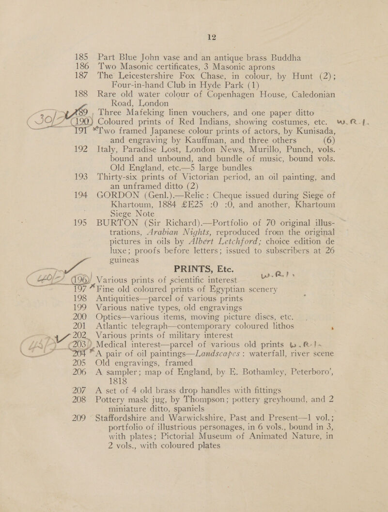 185 Part Blue John vase and an antique brass Buddha 186 ‘Two Masonic certificates, 3 Masonic aprons 187 The’ Leicestershire Fox Chase, in colour, by Hunt (2); Four-in-hand Club in Hyde Park (1) 188 Rare old water colour of Copenhagen House, Caledonian — Road, London “Ne [- Yi Three Mafeking linen vouchers, and one paper ditto 19, a4 (190) Coloured prints of Red Indians, showing costumes, etc. Wy.R-.f. <I ¥ wo: framed Japanese colour pr ints of actors, by Kunisada, and engraving by Kauffman, and three others (6) 192 Italy, Paradise Lost, London News, Murillo, Punch, vols. - bound and unbound, and bundle of music, bound vols. Old England, etc—5 large bundles 193 Thirty-six prints of Victorian period, an oil ‘painting, and an unframed ditto (2) 194 GORDON (Genl.).—Relic : Cheque issued during Siege of Khartoum, 1884: £525 :0 ::0, and: another, Khartoum Siege Note 195 BURTON (Sir Richard).—Portfolio of 70 original illus- trations, Arabian Nights, reproduced from the original pictures in oils by Albert Letchford; choice edition de luxe; proofs before letters; issued to subscribers at 26 2 guineas ; En PRINTS, Etc. RQ) &amp; “Ole / (196) |] iW arious prints of scientific interest gellar i sa ~ 197 “Fine old coloured prints of Egyptian scenery 198 Antiquities—parcel of various prints 199 Various native types, old engravings 200 Optics—various items, moving picture discs, etc. . 201 Atlantic telegraph—contemporary coloured lithos ‘ WAS Various prints of military interest (203) Medical interest—parcel of various old prints B.R-}- en TA pair of oil paintings—Landscapes : waterfall, river scene 205 Old engravings, framed 206 A sampler; map of England, by E. Bothamley, Poreeparn, 1818 207. A set of 4 old brass drop handles with fittings 208 Pottery mask jug, by Thompson; pottery greyhound, and 2 miniature ditto, spaniels | 209 ~ Staffordshire and Warwickshire, Past and Present—1 vol.; portfolio of illustrious personages, in 6 vols., bound in 3, with plates; Pictorial Museum of Animated Nature, in- 2 vols., with ‘coloured plates