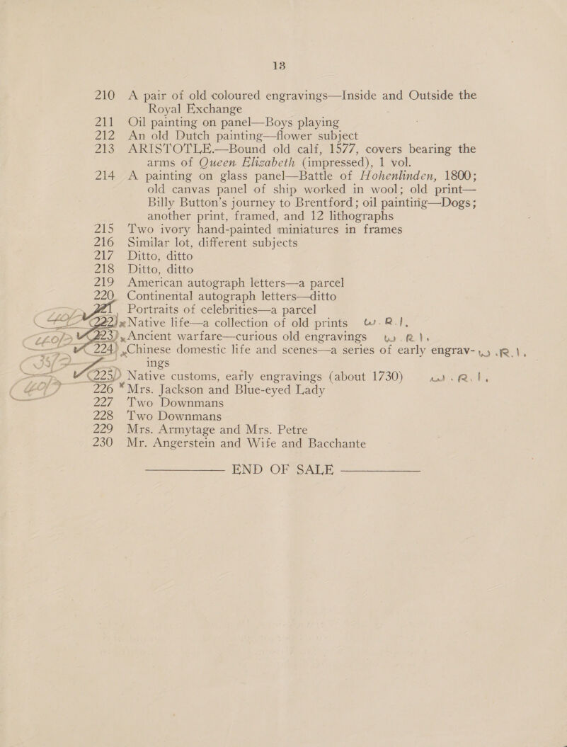 210 A pair of old coloured engravings—lInside and Outside the Royal Exchange 211 Oj painting on panel—Boys playing 212 An old Dutch painting—flower subject 213 ARISTOTLE.—Bound old calf, 1577, covers bearing the arms of Queen Elizabeth (impressed), 1 vol. 214 A painting on glass panel—Battle of Hohenlhinden, 1800; old canvas panel of ship worked in wool; old print— Billy Button’s journey to Brentford; oil painting—Dogs ; another print, framed, and 12 lithographs 215 ‘Two ivory hand-painted miniatures in frames 216 Similar lot, different subjects Zt7 — Ditto; ditto 218 Ditto, ditto 219 American autograph letters—a parcel 220. Continental autograph letters—ditto _, Portraits of celebrities—a parcel 22: jx Native life—a collection of old prints W-.R.}, o/> V223),,Ancient warfare—curious old engravings wR), ——— A_224) ,Chinese domestic life and scenes—a series of early engrav-1) WR.1, J —— ing’s (225) Native customs, early engravings (about 1730) Pre a by ; 226 “Mrs. Jackson and Blue-eyed Lady 227 ‘Two Downmans 228 Two Downmans 229 Mrs. Armytage and Mrs. Petre 230 Mr. Angerstein and Wife and Bacchante  END OF SALE.