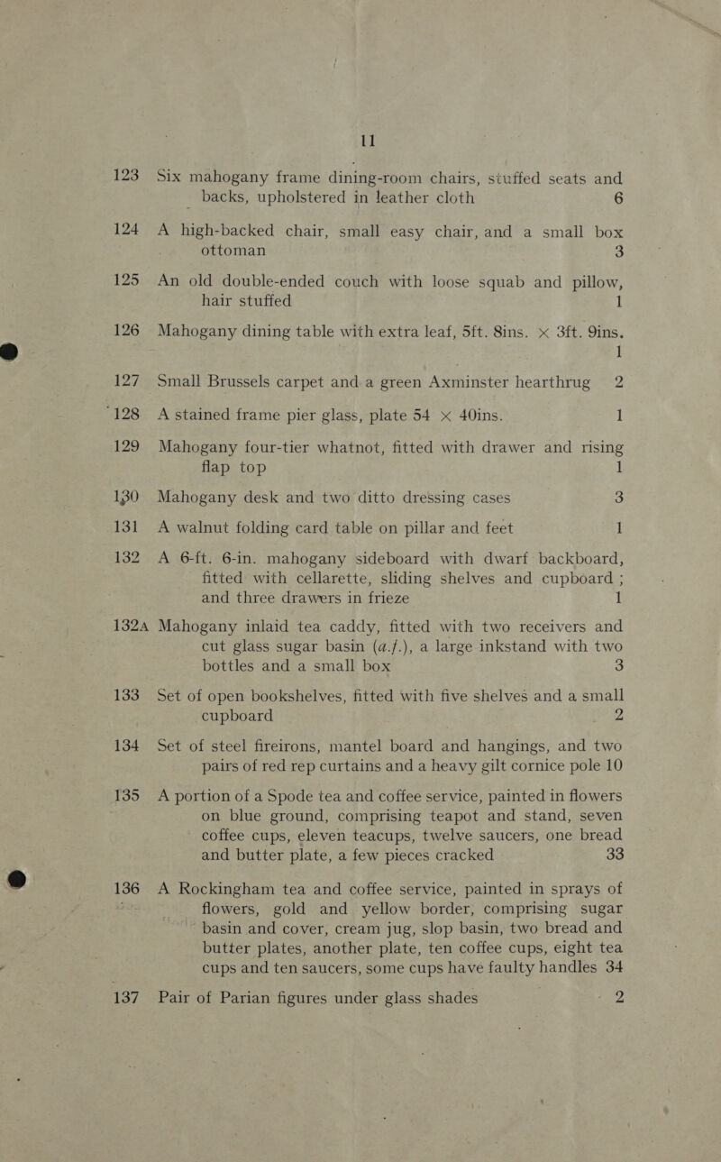 123 124 125 126 127 128 129 130 131 132 132A 133 134 135 136 11 Six mahogany frame dining-room chairs, stuffed seats and _ backs, upholstered in leather cloth 6 A high-backed chair, small easy chair, and a small box ottoman 3 An old double-ended couch with loose squab and _ pillow, hair stuffed I Mahogany dining table with extra leaf, 5ft. Sins. x 3ft. Qins. I Small Brussels carpet and a green Axminster hearthrug 2 A stained frame pier glass, plate 54 x 40ins. 1 Mahogany four-tier whatnot, fitted with drawer and rising flap top 1 Mahogany desk and two ditto dressing cases 3 A walnut folding card table on pillar and feet 1 A 6-ft. 6-in. mahogany sideboard with dwarf backboard, fitted with cellarette, sliding shelves and cupboard ; and three drawers in frieze 1 Mahogany inlaid tea caddy, fitted with two receivers and cut glass sugar basin (a./.), a large inkstand with two bottles and a small box 3 Set of open bookshelves, fitted with five shelves and a small cupboard oe Set of steel fireirons, mantel board and hangings, and two pairs of red rep curtains and a heavy gilt cornice pole 10 A portion of a Spode tea and coffee service, painted in flowers on blue ground, comprising teapot and stand, seven coffee cups, eleven teacups, twelve saucers, one bread and butter plate, a few pieces cracked 33 A Rockingham tea and coffee service, painted in sprays of flowers, gold and yellow border, comprising sugar basin and cover, cream jug, slop basin, two bread and butter plates, another plate, ten coffee cups, eight tea cups and ten saucers, some cups have faulty handles 34