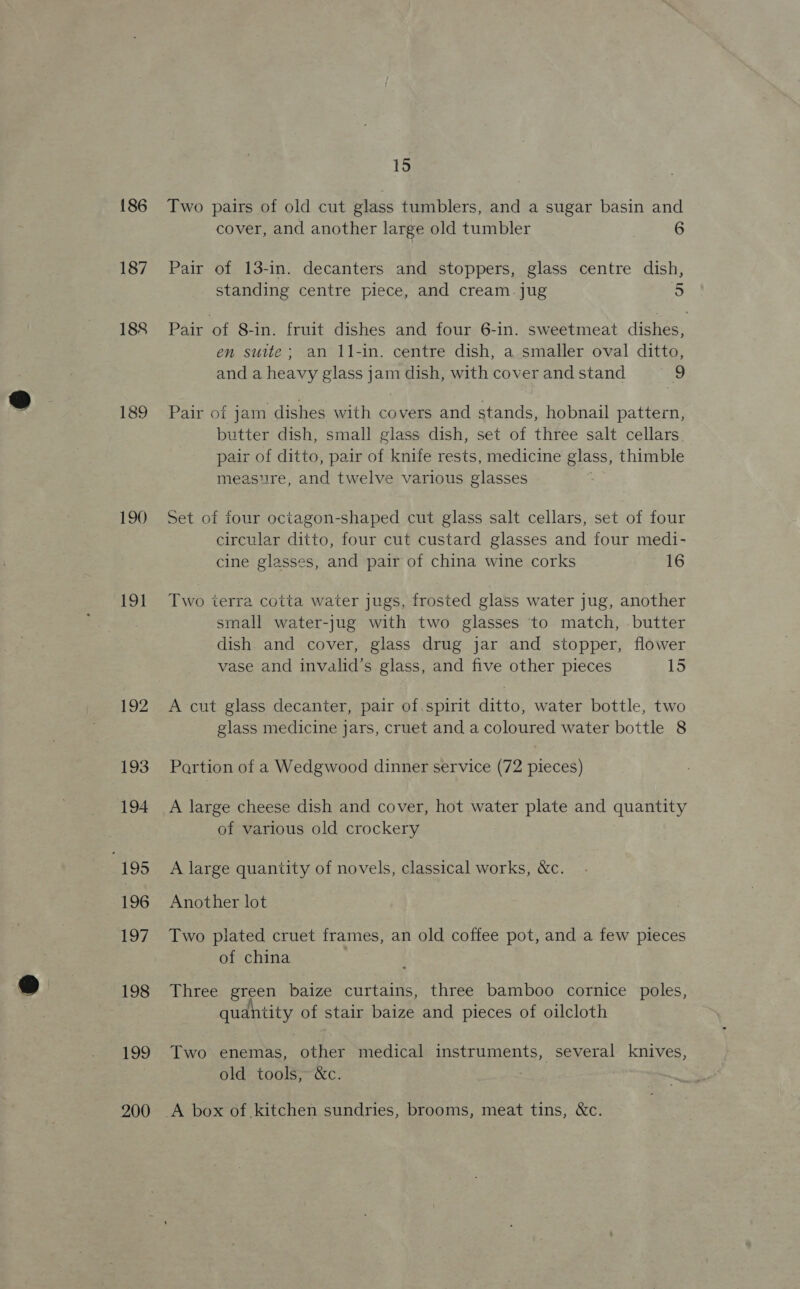 {86 187 188 189 190 191 192 193 194 “195 196 197 198 199 200 15 Two pairs of old cut glass tumblers, and a sugar basin and cover, and another large old tumbler 6 Pair of 13-in. decanters and stoppers, glass centre dish, standing centre piece, and cream. jug 5 Pair of 8-in. fruit dishes and four 6-in. sweetmeat dishes, en suite; an 11-in. centre dish, a smaller oval ditto, and a heavy glass jam dish, with cover and stand 9 Pair of jam dishes with covers and stands, hobnail pattern, butter dish, small glass dish, set of three salt cellars. pair of ditto, pair of knife rests, medicine glass, thimble measure, and twelve various glasses Set of four octagon-shaped cut glass salt cellars, set of four circular ditto, four cut custard glasses and four medi- cine glasses, and pair of china wine corks 16 Two terra cotta water jugs, frosted glass water jug, another small water-jug with two glasses to match, -butter dish and cover, glass drug jar and stopper, flower vase and invalid’s glass, and five other pieces 15 A cut glass decanter, pair of.spirit ditto, water bottle, two glass medicine jars, cruet and a coloured water bottle 8 Partion of a Wedgwood dinner service (72 pieces) A large cheese dish and cover, hot water plate and quantity of various old crockery A large quantity of novels, classical works, &amp;c. Another lot Two plated cruet frames, an old coffee pot, and a few pieces of china Three green baize curtains, three bamboo cornice poles, quantity of stair baize and pieces of oilcloth Two enemas, other medical instruments, several knives, old tools, &amp;c. A box of kitchen sundries, brooms, meat tins, &amp;c.