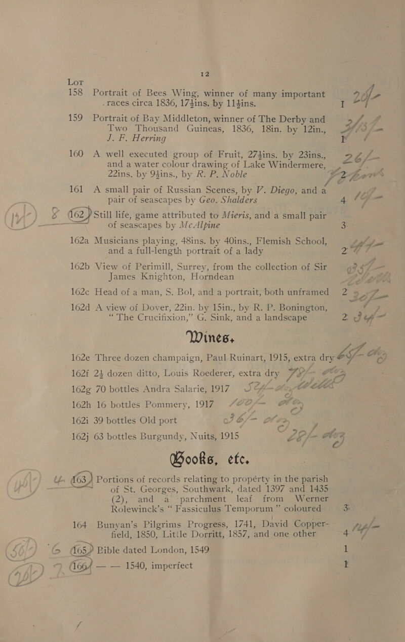 Lot 158 Portrait of Bees Wing, winner of many important .races circa 1836, 17$ins. by 11}ins. 159 Portrait of Bay Middleton, winner of The Derby and Two Thousand Guineas, 1836, 18in. by 12in., JB. Herring 160 A well executed group of Fruit, 274ins. by 23ins., and a water colour drawing of Lake Windermere, 22ins. by 9sins., by R. P. Noble pair of seascapes by Geo. Shalders of seascapes by McAlpine 162a Musicians playing, 48ins. by 40ins., Flemish School, and a full-length portrait of a lady 162b View of Perimill, Surrey, from the collection of Sir James Knighton, Horndean 162c Head of a man, S. Bol, and a portrait, both unframed 162d A view of Dover, 22in. by 15in., by R. P. Bonington, eluige Crucifixion, mene ‘and a landsicape Wines, 162 24 dozen ditto, Louis Roederer, extra dry 7? “/ 162g 70 bottles Andra Salarie, 1917 S@4¢—-Ain CAC 162h 16 bottles Pommery, 1917 hes 162i 39 bottles Old port : 3b, = oe aed 162j 63 bottles Burgundy, Nuits, 1915 : Zp . oth : Books, efc. of St. Georges, Southwark, dated 1397 and 1435 (2),” and a *parchm@emt leaf. from ~Weermes Rolewinck’s ‘“‘ Fassiculus Temporum ” coloured 164 Bunyan’s Pilgrims Progress, 1741, David Copper- field, 1850, Little Dorritt, 1857, and one other {65D Bible dated London, 1549 } f - ad. ‘ a 4 i ati ft ae 6 /- &gt; Ty - AE V2 ye 4. / ! = ss bi &lt;7 A AE ? % » OS, 2 -? a = A é aaa Jog — rar de C 3 (bf =