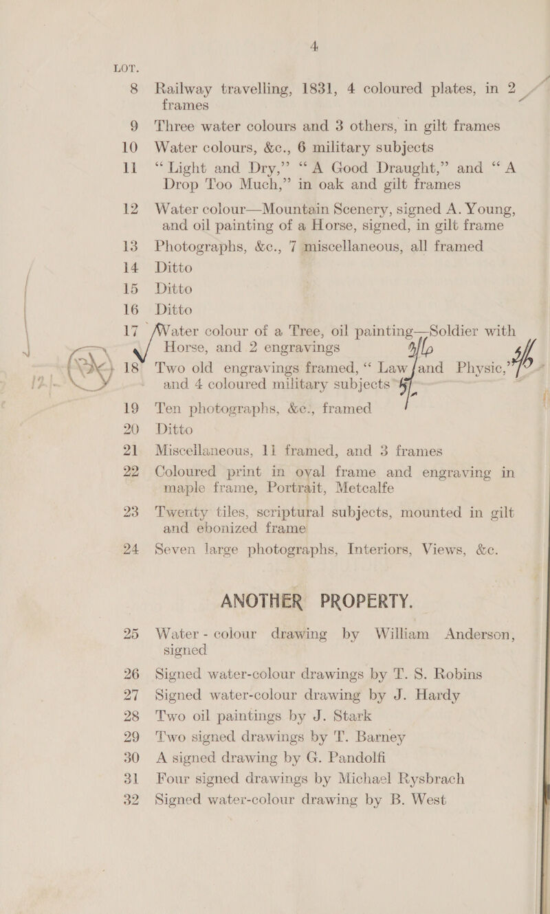 8 Railway travelling, 1831, 4 coloured plates, in 2 _ frames ‘ 9 Three water colours and 3 others, in gilt frames 10 Water colours, &amp;c., 6 military subjects ll “Light and Dry,’ “A Good Draught,” and “ A Drop Too Much,” in oak and gilt frames 12 Water colour—Mountain Scenery, signed A. Young, and oil painting of a Horse, signed, in gilt frame 13 Photographs, &amp;c., 7 miscellaneous, all framed 14 Ditto 15 Ditto 16 Ditto 17 Mater colour of a Tree, oil painting—Soldier with Horse, and 2 engravings \ 18 Two old engravings framed, ‘‘ Law and Physic, (2, and 4 coloured military subjects Bi] .  19 Ten photographs, &amp;c., framed 20 Ditto 21 Miscellaneous, 11 framed, and 3 frames 22 Coloured print in oval frame and engraving in maple frame, Portrait, Metcalfe 23 Twenty tiles, scriptural subjects, mounted in gilt and ebonized frame 24 Seven large photographs, Interiors, Views, &amp;c. ANOTHER PROPERTY. — 25 Water- colour drawing by William Anderson, signed 26 Signed water-colour drawings by T. S. Robins 27 Signed water-colour drawing by J. Hardy 28 Two oil paintings by J. Stark 29 Two signed drawings by T. Barney 30 A signed drawing by G. Pandolfi 31 Four signed drawings by Michael Rysbrach 32 Signed water-colour drawing by B. West