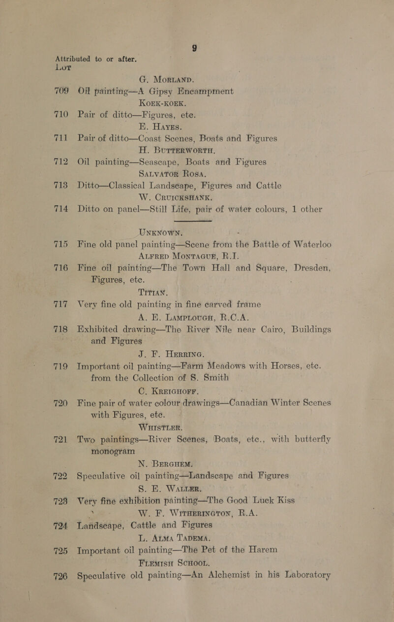 Lov 709 710 711 713 714 715 716 717 718 719 720 721 722 728 724 725 726 G. MorLanD. Oil painting—A Gipsy Encampment KOEK-KOEK. Pair of ditto—Figures, ete. BE. Hayss. Pair of ditto—Coast Scenes, Boats and Figures H. BurrteRWworru. Oil painting—Seascape, Boats and Figures SaLvAToR Rosa. Ditto—Classical Landseape, Figures and Cattle W. CRUICKSHANK. Ditto on panel—Still Life, pair of water colours, 1 other UNKNOWN. ‘ Fine old panel painting—Scene from the Battle of Waterloo ALFRED Montaaugs, R.I. Fine oil painting—The Town Hall and Square, Dresden, Figures, etc. TITIAN. Very fine old painting in fine carved frame A. E. LamprouesH, R.C.A. Exhibited drawing—The River Nile near Cairo, Buildings and Figures J. F. HerRIne. Important oil painting—Farm Meadows with Horses, ete. from the Collection of 8. Smith C, KREIGHOFF, Fine pair of water colour drawings with Figures, etc. WHISTLER. Two paintings—River Scenes, Boats, etc., with butterfly monogram N. BERGHEM. Speculative oil painting—Landscape and Figures  Canadian Winter Scenes S. E. Water. Very fine exhibition painting—The Good Luck Kiss ; W. F. Wituerimcton, R.A. Landseape, Cattle and Figures L. ALMA TADEMA. Important oil painting—The Pet of the Harem FLEMISH SCHOOL. Speculative old painting—An Alchemist in his Laboratory
