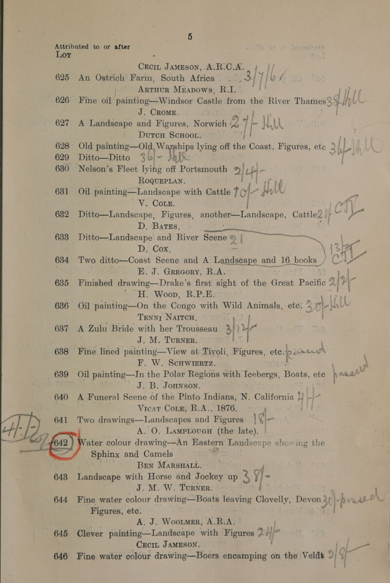 Lor : Cro JamEson,.A.R.C.A.. j |./ 625 An Ostrich Farm, South Africa __ 3/7 [es: | Rein Mmapows, BR.I. [ i 1f 626 Fine oil painting—Windsor Castle irom the River Thames 34. H, J. CROME. | 4 ae 627 A Landscape and Figures, Norwich wv | I- Wau Dutcs ScHoor. j! ns 628 Old pemsmg—Old py Reenips lying off the Coast, Figures, ete 2 |, 629 Ditto—Ditto Sui- yk a aah: 630 Nelson’s Fleet lying off Portsmouth 2| Lb}.  ROQUEPLAN. Cot ba 681. .Oi painting—Landscape with Cattle tol a Ms A Vie COLES) 4) 7%) 682 Ditto—Landscape, Figures, se ee Rendacapo, Cattle ip ~~ } D. Batss, Le . wo 633 Ditto—Landscape and River Scene § | eg ra D. Cox, \ | Bis 634 Two ditto—Coast Scene and A Padese and 16 books CA E. J. Grecory, R.A. ae Sad 635 Finished drawing— Drake’ s first sight of the Great Pacific alr 7 eH Woon. RiP | . an 636 Oil painting—On the Congo eee Wild jie a eter 4 5|- as Tenny Narrcu, ie, 637 A Zulu Bride with her Trousseau’ ah ur J. M. TuRNER. 638 Fine lined painting—View at Tivoli, Figures: a | cue F. W. Scuwiertz. | - a 639 Oil foie in the Polar Regions with Teoberss, Boats, ete aaa” seid cles ’ J.B. Jonnson. , 640 A Funeral Scene of the Pinto Indians, N. California |! ~~ ; Vicat Cone, R.A:, 1876. 4 7 641 Two drawings—Landscapes ar Figures | gi- A. O. Lamproven (the late). ater colour drawing—An et Landscape show ing the Sphinx and Camels ; ‘Bren MarsHatu. 648 Landscape with Horse and Jockey up 3 ij - J. M. W. Turner. i a  Figures, ete. ‘fa. A. J. Wootmer, A.RiA. » | 645 Clever painting—Landscape with Figures > H\ _Crcr, JAMESON. | ( 7 646 Fine water colour drawing—Boers encamping on the Veldt 3 {3