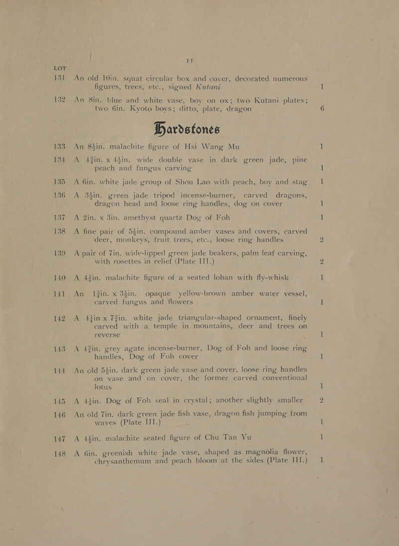 134 135 136 137 138 139 140 14] 142 143 144 145 146 147 148 ap figures, trees, etc., signed NKutani An 8in. blue and white vase, boy on ox; two Kutani plates; two 61n. Kyoto boys; ditto, plate, dragon Dardstones An 84in. malachite figure of Hsi Wang Mu A 4#in. x 44in. wide double vase in dark green jade, pine peach and fungus carving A Gin. white jade group of Shou Lao with peach, boy and stag A 34in. green jade tripod incense-burner, carved dragons, dragon head and loose ring handles, dog on cover A 2in. x 3in. amethyst quartz Dog of Foh A fine pair of 5$in. compound amber vases and covers, carved deer, monkeys, fruit trees, etc., loose ring handles A pair of Tin. wide-lipped green jade beakers, palm leaf carving, with rosettes in relief (Plate III.) A 44in. malachite figure of a seated lohan with fly-whisk An 1#in. x 34in. opaque yellow-brown amber water vessel, carved fungus and flowers A 44in x 72in. white jade triangular-shaped ornament, finel 4 atite&gt; J fs ee e§ eat ) y carved with a temple in mountains, deer and trees on reverse A 43in. grey agate incense-burner, Dog of Foh and loose ring handles, Dog of Foh cover An old 54in. dark green jade vase and cover, loose ring handles on vase and on cover, the former carved conventional lotus A 44in. Dog of Foh seal in crystal; another slightly smaller An old Tin. dark green jade fish vase, dragon fish jumping from waves (Plate III.) A 44in. malachite seated figure of Chu Tan Yu A Gin. greenish white jade vase, shaped as magnolia flower, chrysanthemum and peach bloom at the sides (Plate Pate