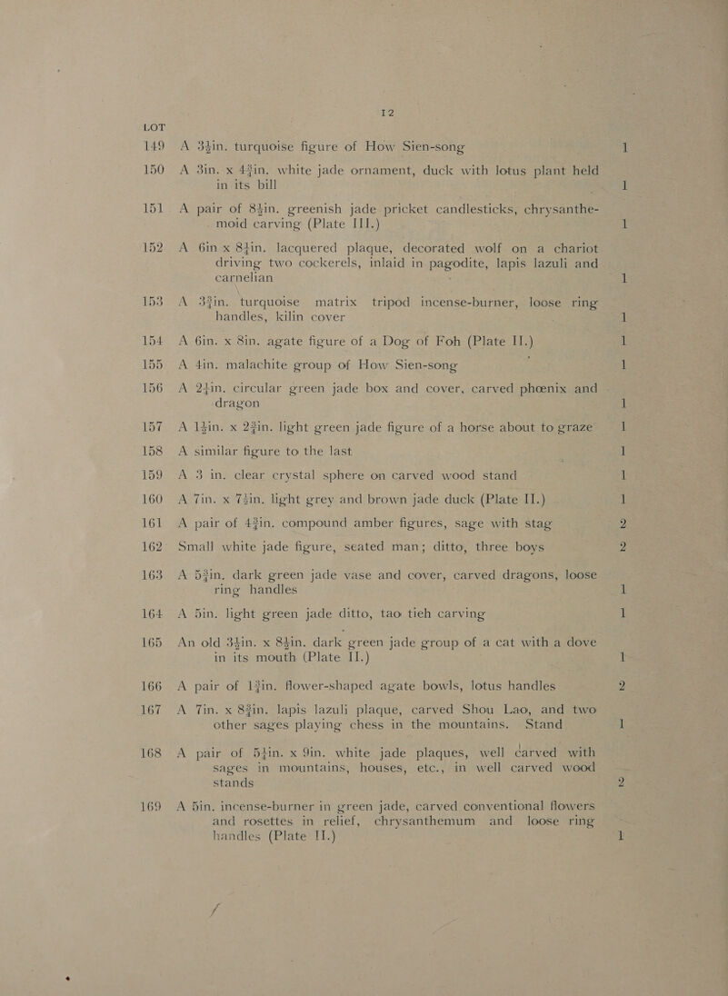 169 12 A 3$in. turquoise figure of How Sien-song A 3in. x 44in, white jade ornament, duck with lotus plant held A pair of 8$in. greenish jade pricket candlesticks, chrysanthe- moid carving (Plate III.) A 6in x 8t4in. lacquered plaque, decorated wolf on a chariot driving two cockerels, inlaid in pepe: lapis lazuli and carnelian A 3#in. turquoise matrix tripod incense-burner, loose ring handles, kilin cover A 6in. x 8in. agate figure of a Dog of Foh (Plate II.) A 4in. malachite group of How Sien-song : A 24in, circular green jade box and cover, carved phoenix and dragon A lin. x 2#in. light green jade figure of a horse about to graze A similar figure to the last A 3 in, clear crystal sphere on carved wood stand A Tin. x Tain, light grey and brown jade duck (Plate II.) A pair of 44in. compound amber figures, sage with stag Small white jade figure, seated man; ditto, three boys A 5#in, dark green jade vase and cover, Carved dragons, loose ring handles A 5in. light green jade ditto, tao tieh carving An old 34in. x 84in. dark green jade group of a cat with a dove in its mouth (Plate II.) A pair of lin. flower-shaped agate bowls, lotus handles A Tin. x 83in, lapis lazuli plaque, carved Shou Lao, and two other sages playing chess in the mountains. Stand . . . . . } . A pair of 54in. x 9in. white jade plaques, well carved with sages in mountains, houses, etc., in well carved wood Stands A 5in. incense-burner in green jade, carved conventional flowers and rosettes in relief, chrysanthemum and_ loose ring handles (Plate II.)