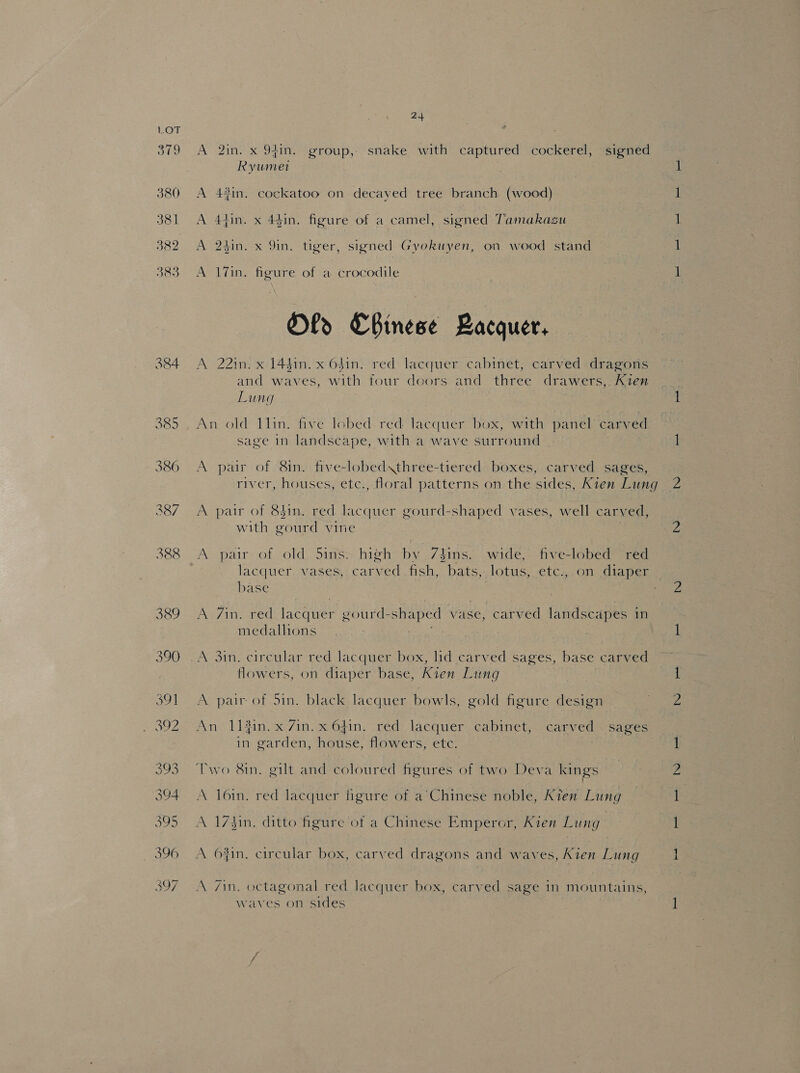 379 380 381 382 383 4 24 A 2in. x 94in. group, snake with captured cockerel, signed Ryumet A 43in. cockatoo on decayed tree branch (wood 4 ~ A 44in. x 44in. figure of a camel, signed Tamakazu A 24in. x 9in, tiger, signed Gyokuyen, on wood stand a 17in. figure of a crocodile Old Cbhinese Lacquer, A 22in. x 14$in. x 6$in. red lacquer cabinet, carved dragons and waves, with four deors and three drawers,. Kien Lung An old lin. five lobed red lacquer box, with panel carved sage in landscape, with a wave surround A pair of 8in. five-lobed\three-tiered boxes, carved sages, river, houses, etc., floral patterns on the sides, Kien Lung A pair of 8$1n. red lacquer gourd-shaped vases, well carved, with gourd vine : A pair of old 5ins> high by 7éins. wide, five-lobed red lacquer vases, carved fish, bats, lotus, etc., on diaper base A 7in. red lacquer gourd-shaped vase, carved landscapes in medallions A 3in. circular red lacquer box, lid carved sages, base carved flowers, on diaper base, Kien Lung A pair of 5in. black lacquer bowls, gold figure design An 11]2in. x Zin. x 641n. red lacquer cabinet, carved sages in garden, house, flowers, etc. Two 8in. gilt and coloured figures of two Deva kings 9 : A loin. red lacquer figure of a’Chinese noble, Aten Lung A 17$in. ditto figure of a Chinese Emperor, Kien Lung A 6#in, circular box, carved dragons and waves, Kien Lung A 7in, octagonal red lacquer box, carved sage in mountains, waves on sides font a oe a Te te a