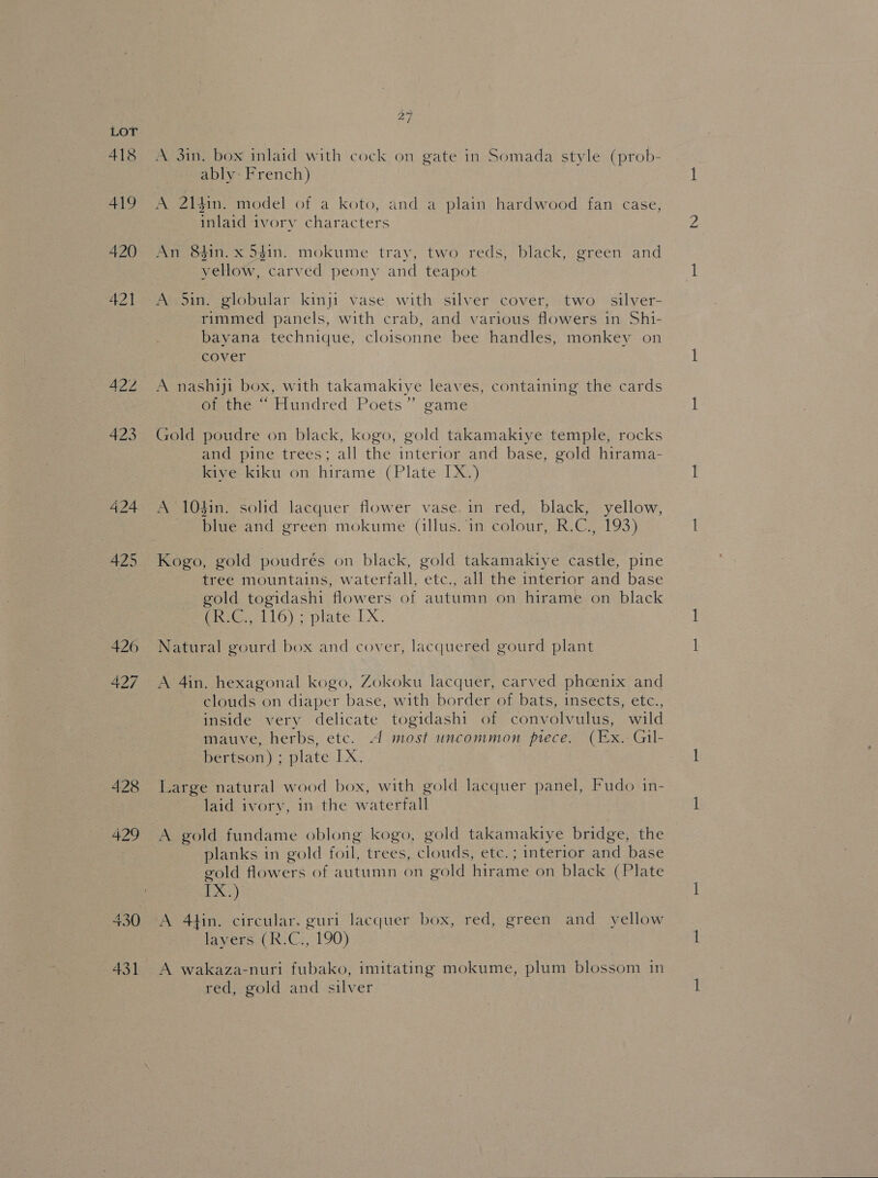 418 419 420 421 422 423 424 425 428 6431 27 A 3in. box inlaid with cock on gate in Somada style (prob- ably: French) A 21$in. model of a koto, and a plain hardwood fan case, inlaid ivory characters An 8tin. x 54in. mokume tray, two reds, black, green and yellow, carved peony and teapot A 5in. globular kinji vase with silver cover, two _ silver- rimmed panels, with crab, and various flowers in Shi- bavana technique, cloisonne bee handles, monkey on cover A nashiji box, with takamakiye leaves, containing the cards onthe.“ Elundred Poets”’ game Gold poudre on black, kogo, gold takamakiye temple, rocks and pine trees; all the interior and base, gold hirama- kivye kiku on hirame (Plate IX.) A 10$in. solid lacquer flower vase.in red, black, yellow, blue and green mokume (illus. in colour, R.C., 193) Kogo, gold poudrés on black, gold takamakiye castle, pine tree mountains, waterfall, etc., all the interior and base gold togidashi flowers of autumn on hirame on black Che); plate 1X. Natural gourd box and cover, lacquered gourd plant A 4in. hexagonal kogo, Zokoku lacquer, carved phoenix and clouds on diaper base, with border of bats, insects, etc., inside very delicate togidashi of convolvulus, wild mauve, herbs, etc. A most uncommon piece. (Ex. Gil- bertson) ; plate IX. Large natural wood box, with gold lacquer panel, Fudo in- laid ivory, in the waterfall A gold fundame oblong kogo, gold takamakiye bridge, the planks in gold foil, trees, clouds, etc.; interior and base gold flowers of autumn on gold hirame on black (Plate TX.) lavers (R.C., 190) A wakaza-nuri fubako, imitating mokume, plum blossom in red, gold and silver 