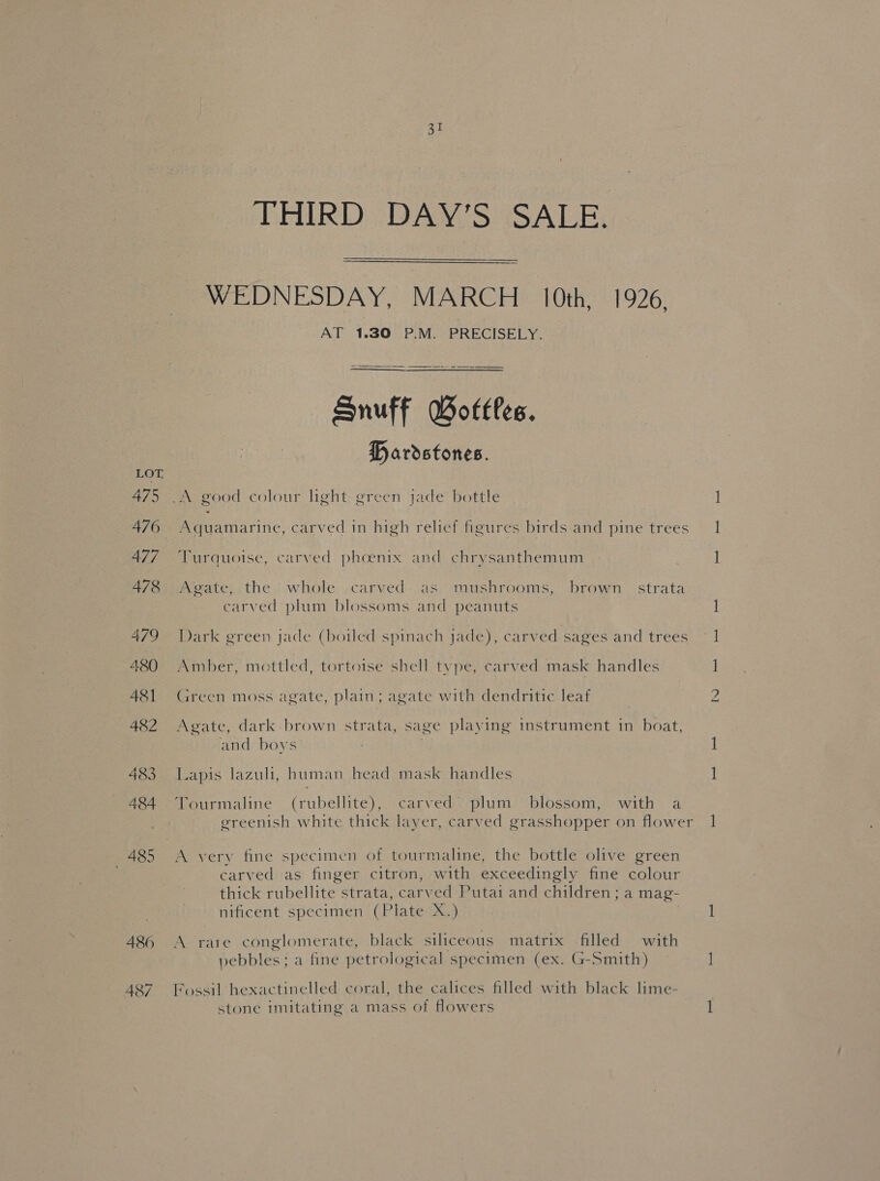 LOT. 475 476 477 478 479 480 48] 482 483 484 485 486 487 31 THIRD DAY’S SALE.   WEDNESDAY, MARCH 10th, 1926, AT 1.30 P.M. PRECISELY.   Snuff Wottles. Pardstones. Aquamarine, carved in high relief figures birds and pine trees Turquoise, carved phoenix and chrysanthemum Agate, the whole carved as mushrooms, brown strata carved plum blossoms and peanuts Dark green jade (boiled spinach jade), carved sages and trees Amber, mottled, tortoise shell type, carved mask handles Green moss agate, plain; agate with dendritic leaf Agate, dark brown strata, sage playing instrument in boat, and boys’ Lapis lazuli, human head mask handles Tourmaline (rubellite), carved’ plum blossom, with a ereenish white thick layer, carved grasshopper on flower carved as finger citron, with exceedingly fine colour thick rubellite strata, carved Putai and children; a mag- nificent specimen (Plate X.) . A rate conglomerate, black siliceous matrix filled with pebbles; a fine petrological specimen (ex. G-Smith) Fossil hexactinelled coral, the calices filled with black lime- stone imitating a mass of flowers LO ee bead!