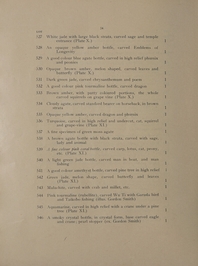546 White jade with large black strata, carved sage and temple entrance (Plate X.) . An opaque yellow amber bottle, carved. Emblems. of Longevity A good colour blue agate bottle, carved in high relief phoenix and peontes Opaque brown amber, melon shaped, carved leaves and butterfly (Plate X.) Dark green jade, carved chrysanthemum and poem A good colour pink tourmaline bottle, carved dragon Brown amber, with putty coloured portions, the whole carved squirrels on grape vine (Plate X.) Cloudy agate, carved standard bearer on horseback, in brown strata : Opaque vellow amber, carved dragon and phoenix Turquoise, carved in high relief and undercut, cat, squirrel and grape-vine (Plate XI.) A fine specimen of green moss agate A brown agate bottle with black strata, carved with sage, lady and animal A fine colour pink coral bottle, carved carp, lotus, cat, peony, etc. (Plate XI.) fishing A good colour amethyst bottle, carved pine tree in high reliet Green jade, melon shape, carved butterfly and leaves (Plate XL.) Malachite, carved with crab and millet, etc. Pink tourmaline (rubellite), carved Wu Ti with Garuda bird and Taikobo fishing (illus. Gordon Smith) Aquamarine, carved in high relief with a crane under a pine tree, (Plate XI) A smoky crystal bottle, in crystal form, base carved eagle_ and crane; pearl stopper (ex, Gordon Smith)