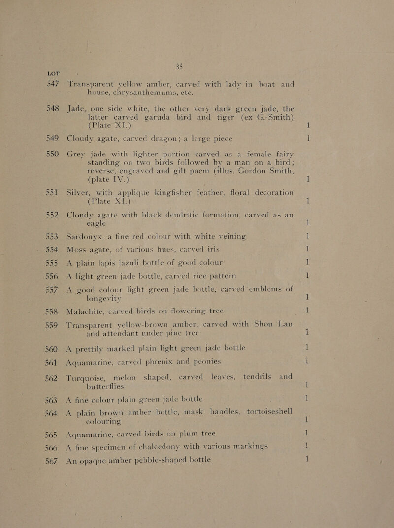 Transparent yellow amber, carved with lady in boat and house, chrysanthemums, ete. Jade, one side white, the other very dark green jade, the latter carved garuda bird and tiger (ex G.-Smith) (Plate XT.) Cloudy agate, carved dragon; a large piece Grey jade with lighter portion carved as a female fairy standing on two birds followed by a man on a bird: reverse, engraved and gilt poem (illus. Gordon Smith, (plate IV. i Silver, with applique kingfisher feather, floral decoration Crlate: XI.) Cloudy agate with black dendritic formation, carved as an eagle Sardonyx, a fine red colour with white veining Moss agate, of various hues, carved iris A plain lapis lazuli bottle of good colour A light green jade bottle, carved rice pattern longevity Malachite, carved birds on flowering tree Transparent yellow-brown amber, carved with Shou Lau and attendant under pine tree A prettily marked plain light green jade bottle Aquamarine, carved phcentx and peontes Turquoise, melon shaped, carved leaves, tendrils and butterflies A fine colour plain green jade bottle A plain brown amber bottle, mask handles, tortoiseshell colouring Aquamarine, carved birds on plum tree A fine specimen of chalcedony with various markings An opaque amber pebble-shaped bottle — — | — faved — — pre