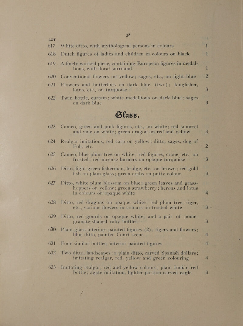 617 618 619 620 621 622 628 629 630 631 632 633 33 White ditto, with mythological persons in colours Dutch figures of ladies and children in colours on black A finely worked piece, containing European figures in medal- lions, with floral surround Conventional flowers on yellow; sages, etc., on light blue Flowers and butterflles on dark blue (two); kingfisher, lotus, ‘etc., on turquoise : Twin bottle, curtain; white medallions on dark blue; sages on dark blue Blass, Cameo, green and pink figures, etc., on white; red squirrel and vine on white; green dragon on red and yellow Foh, etc. Cameo, blue plum tree on white; red figures, crane, etc., on frosted; red incense burners on opaque turquoise Ditto, light green fisherman, bridge, ete., on brown; red gold fish on plain glass; green crabs on putty colour Ditto, white plum blossom on blue; green leaves and grass- hopper s on yellow; green strawberry ; herons and lotus in colours on opaque white Ditto, red dragons on opaque white; red plum tree, tiger, etc., various flowers in colours on frosted white tr) Ditto, red gourds on opaque white; and a pair of pome- eranate-shaped ruby bottles Plain glass interiors painted figures (2); tigers and flowers; blue ditto, painted Court scene Four similar bottles, interior painted figures Two ditto, landscapes; a plain ditto, carved Spanish dollars; imitating realgar, red, yellow and green colouring Imitating realgar, red and yellow colours; plain Indian red bottle ; agate imitation, lighter portion carved eagle a INO tn W