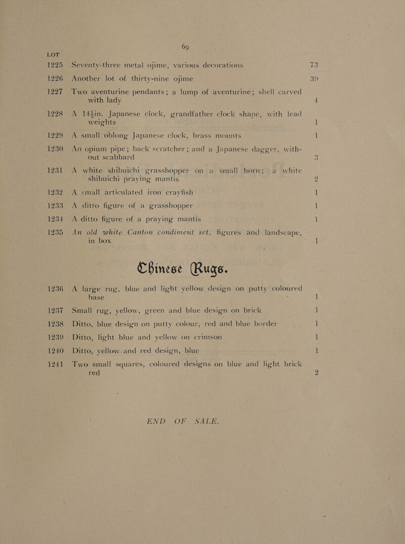 1225 1226 1227 1228 1229 1230 1236 1237 1238 1239 1240 1241 69 Seventy-three metal ojime, various decorations Another lot of thirty-nine ojime Two aventurine pendants; a lump of aventurine; shell carved with lady A 14$in. Japanese clock, grandfather clock shape, with lead weights A small oblong Japanese clock, brass mounts An opium pipe; back scratcher; and a Japanese dagger, with- out scabbard A white shibuichi grasshopper cn a small horn; a white shibuichi praying mantis A small articulated iron crayfish A ditto figure of a grasshopper A ditto figure of a praying mantis An old white Canton condiment set, figures and: landscape, in box | Cbinese Rugs. base Small rug, yellow, green and blue design on brick Ditto, blue design on putty colour, red and blue border Ditto, light blue and yellow on crimson Ditto, yellow. and red design, blue Two small squares, coloured designs on blue and light brick red END: OR SALEL