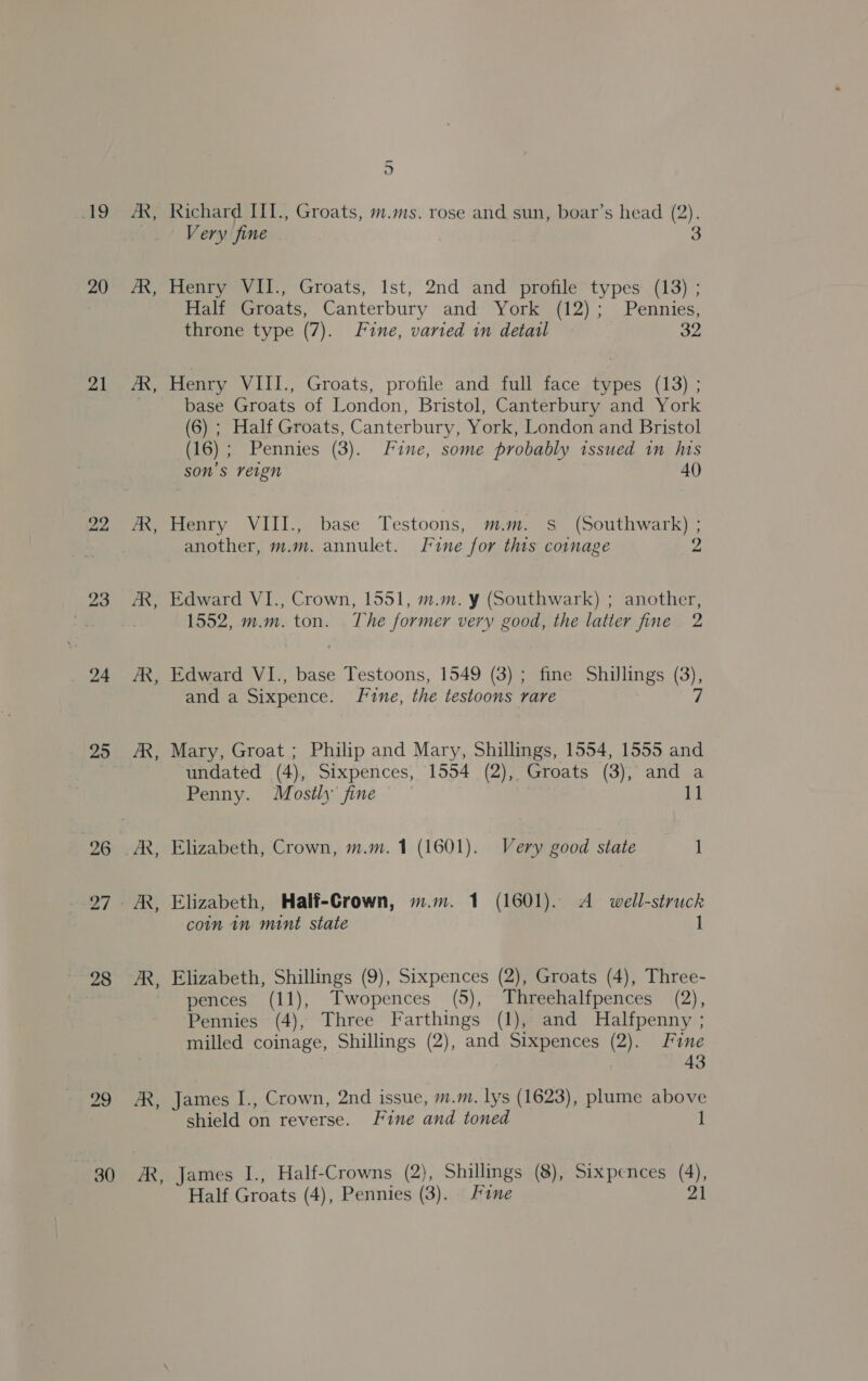 a9 20 21 24 25 26 28 29 30 bs B AR 5 Richard III., Groats, m.ms. rose and sun, boar’s head (2). Very fine 3 Henry VII., Groats, Ist, 2nd and profile types (13) ; Half Groats, Canterbury and York (12); Pennies, throne type (7). Fine, varied in detail 32 Henry VIII., Groats, profile and full face types (13) ; base Groats of London, Bristol, Canterbury and York (6) ; Half Groats, Canterbury, York, London and Bristol (16) ; Pennies (3). Fine, some probably issued in his son’s reign 40) Henry VIII., base Testoons, m.m. s (Southwark) ; another, m.m. annulet. Fine for this coinage 2 Edward VI., Crown, 1551, m.m. y (Southwark) ; another, 1552, mm. ton. The former very good, the latter fine 2 Edward VI., base Testoons, 1549 (3) ; fine Shillings (3), and a Sixpence. Jf*ine, the testoons rare fi Mary, Groat ; Philip and Mary, Shillings, 1554, 1555 and undated (4), Sixpences, 1554 (2), Groats (3), and a Penny. Mostly fine’ © 11 Elizabeth, Crown, m.m. 1 (1601). Very good state 1 Elizabeth, Half-Crown, m.m. 1 (1601). A_ well-struck coin in mint state 1 Elizabeth, Shillings (9), Sixpences (2), Groats (4), Three- pences (11), Twopences (5), Threehalfpences (2), Pennies (4), Three Farthings (1), and Halfpenny ; milled coinage, Shillings (2), and Sixpences (2). Fine 43 James I., Crown, 2nd issue, m.m. lys (1623), plume above shield on reverse. Fine and toned 1 James I., Half-Crowns (2), Shillings (8), Sixpences (4),