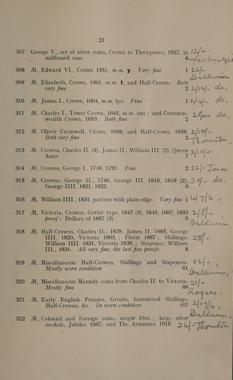 307 308 311 312 313 314 316 317 318 319 320 321 322 27 B B B millboard case _ Br iC Vitv yl Edward VI., Crown 1551, m.m. y. Very fine 1 26/- | : ; Is. A brrhdpPre Elizabeth, Crown, 1601, m.m. 1, and Half-Crown. Both . very fine 2 241&gt;/- Go, James I., Crown, 1604, m.m. lys. Fine 1 2] uf — LO, Charles I., Tower Crown, 1645, m.m. sun ; and Common- se Ao ob wealth Crown, 1653. Both fine ATR 7 A, Oliver Cromwell, Crown, 1658, and Half-Crown, 1658. 3 |} ef — Both very fine 29 ey i A yon LA &amp; F Crowns, Charles II. (3), James II., William III. (2), Queen 2 hoffe Anne’ 7 Crowns, George I., 1716, 1720. Fine 2 22 - ae Crowns, George II., 1746, George III. 1818, 1819 (2), 3 of - bo, George IIIT. 1821, 1822 William ITII., 1831, pattern with plain edge. Very fine 1 bf u &gt; . Victoria, Crowns, Gothic type, 1847 (3), 1845, 1887, ee ar y proof; Dollars of 1887 (3) &gt; der MA ney Half-Crowns, Charles II., 1679, James II. 1685, inet , IIII. 1820, Victoria 1893,; Florin 1887; Shillings, 33/ - William IIII. 1831, Victoria 1839, ; Sixpence, William III., 1831. All very fine, the last five proofs 8 Miscellaneous Half-Crowns, Shillings and aor 3 pe. Mostly worn condition eget bik het Mey aa Miscellaneous Maundy coins from Charles IT. to pt oge: a } / = Mostly fine ‘Rey arg | Early English Pennies, Groats, hammered Shillings, Half-Crowns, &amp;c. In worn condition 107 7a 1b r atd Arson Colonial and Foreign coins, weight 100z.; large silver” ’ medals, Jubilee 1887, and The Armistice 1918 by lf tee