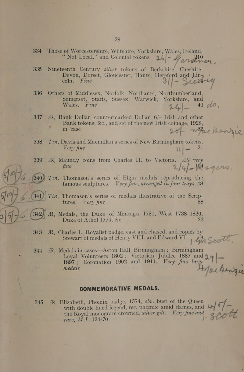 29 334 Those of Worcestershire, Wiltshire, Yorkshire, Wales, Ireland, eet ocal,”’ ot Local,” and Colonial tokens 2b - Y, or 710 335 Nineteenth Century szlver tokens of Berkshire, Cheshire, Devon, Dorset, Gloucester, Hants, Herefo d apd Jain coln. Fine 3 I-S beg 336 Others of Middlesex, Norfolk, Northants, Northumberland, Somerset, Staffs, Sussex, Warwick, Yorkshire, and ; Wales. Fine a4 |— 40 7, aor AR, “Bank Dollar, countermarked Dollar, 6/— Irish and other Bank tokens, &amp;c., and set of the new Irish coinage, 1928, Im. case % of Or Fu. ae 4 add, Le 338 Tin, Davis and Macmillan’s series of New Birmingham tokens. Very fine 1] | se RI 339 AX, Maundy coins 20 Charles “Ties Main All very fine 2/41 104 ot) LAL? , 5 | 6. Sages Thomason’s series of Elgin medals reproducing the famous sculptures. Very fine, arranged in four trays 48 ql Df “@) Bay rin Thomason’s series of medals illustrative of the Scrip- tures. Very fine 58 A 5 Z (43) (342)) &amp;, Medals, the Duke of Montagu 1751, West 1738-1820, —_ Duke of Athol 1774, &amp;c. 22 343 AR, Charles I., Royalist badge, cast and chased, and copies By Stewart of medals of Henry VIII. and Edward VI. bn C.F A 344 /R, Medals in cases—Aston Hall, Birmingham ; Birmingham ; . Loyal Volunteers 1802 ; Victorian Jubilee 1887 and 24 |— 1897; Coronation 1902 and 1911. Very fine large medals Ah / Ine Asn eg COMMEMORATIVE MEDALS. 3845 AR, Elizabeth, Phoenix badge, 1574, obv. bust of the Queen P with double lined legend, rev. phoenix amid flames, and ae the Royal monogram crowned, silver-gilt. Very fine and S A ott vare, M.I. 124/70 l' gue