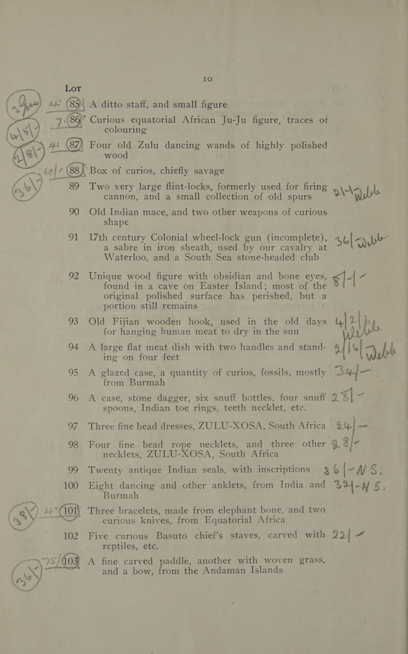 IO rn Lot | He) L- (85)\ A ditto staff, and small figure S=&lt; 7 (86 Curious equatorial African Ju-Ju figure, traces of ). ae br ot ae colouring a\’) A (87) Four old Zulu dancing wands of highly polished Par wood  ~~. 60] © (88,\’ Box of curios, chiefly savage L\o y,  89 Two very large flint-locks, formerly used for firing \\- Ls Ve Sf cannon, and a small collection of old spurs &gt; W 90 Old Indian mace, and two other weapons of curious shape 91 17th century Colonial wheel-lock gun (incomplete), - a Sabre in iron sheath, used by our cavalry at se | ayer Waterloo, and a South Sea stone-headed club 92 Unique wood figure with obsidian and bone eyes, &lt;1-| va found in a cave on Easter Isiand; most of the original polished surface has perished, but a portion stiil remains 93 Old Fijian wooden hook, used in the old days for hanging human meat to dry in the sun 94 A large flat meat dish with two handles and stand- ing on four feet 95 A glazed case, a quantity of curios, fossils, mostly from Burmah  96 A case, stone dagger, six snuff bottles, four snuff spoons, Indian toe rings, teeth necklet, etc. 97 Three fine bead dresses, ZULU-XOSA, South Africa 2G] ~ 98 Four fine bead rope necklets, and three other 93 r necklets, ZULU-XOSA, South Africa 99 Twenty antique Indian seals, with inscriptions 3 6 -W S, 100 Eight dancing and other anklets, from India and S2-N Rod Burmah ae / av LJ “Col Three bracelets, made from elephant bone, and two \ , : curious knives, from Equatorial Africa 102 Five curious Basuto chief’s staves, carved with 22| a“ reptiles, etc. hay: 95/03 A fine carved paddle, another with woven grass, | od, ~ and a bow, from the Andaman Islands PO /