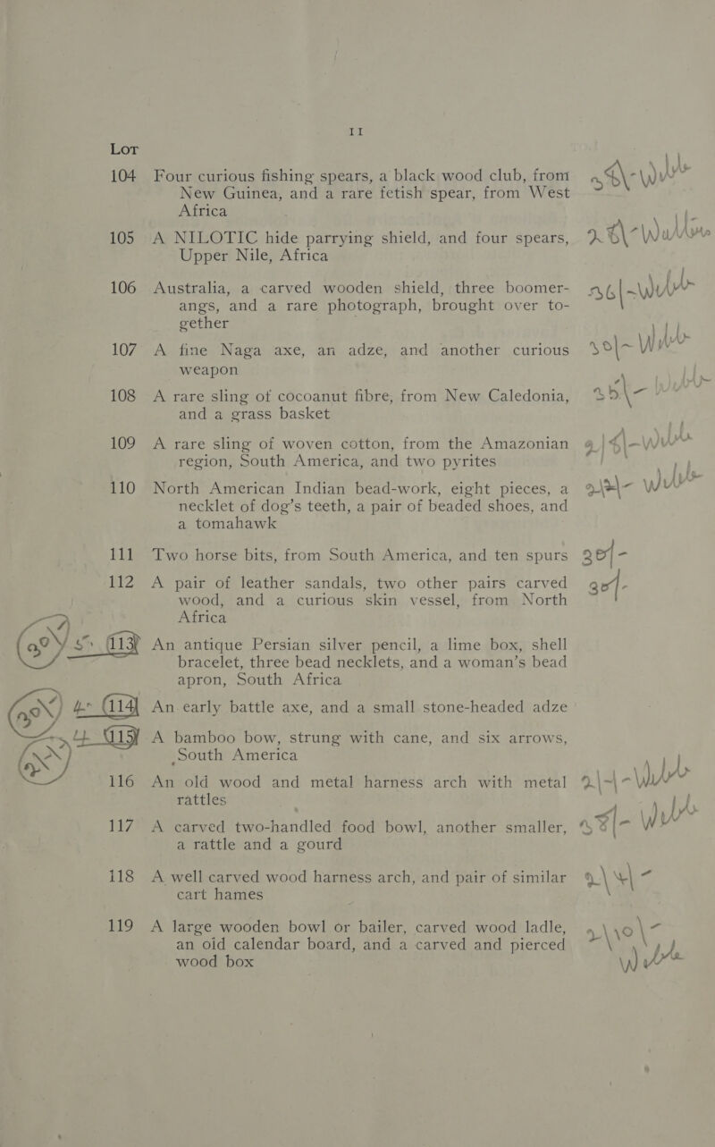 ia Lot 104 Four curious fishing spears, a black wood club, from New Guinea, and a rare fetish spear, from West Africa 105 A NILOTIC hide parrying shield, and four spears, Upper Nile, Africa 106 Australia, a carved wooden shield, three boomer- angs, and a rare / photograph, brought over to- gether 107 A fine Naga axe, an adze, and another curious weapon 108 A rare sling of cocoanut fibre, from New Caledonia, and a grass basket 109 A rare sling of woven cotton, from the Amazonian region, South America, and two pyrites 110 North American Indian bead-work, eight pieces, a necklet of dog’s teeth, a pair of beaded shoes, and a tomahawk 111 Two horse bits, from South America, and ten spurs 112 A pair of leather sandals, two other pairs carved wood, and a curious skin vessel, from North Africa An antique Persian silver pencil, a lime box, shell bracelet, three bead necklets, and a woman’s bead aor, (Ys 11 apron, South Africa Os) An early battle axe, and a small stone-headed adze Gx 4 Gy A bamboo bow, strung with cane, and six arrows, eS) South eee: 116 An oid wood and metal harness arch with metal rattles . 117 A carved two-handled food bowl, another smaller, a rattle and a gourd 118 A well carved wood harness arch, and pair of similar cart hames 119 A large wooden bowl or bailer, carved wood ladle, an old calendar board, and a carved and pierced wood box