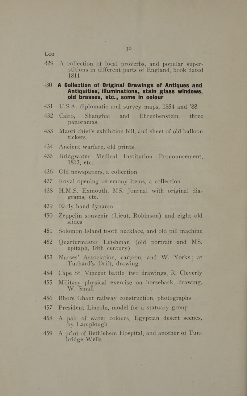 A collection of local proverbs, and popular super- stitions in different parts of England, book dated 1811 A Collection of Original Drawings of Antiques and Antiquities; illuminations, stain glass windows, old brasses, etc., some in colour U.S.A. diplomatic and survey maps, 1854 and ’88 Cairo, Shanghai and Ehrenbenstein, three panoramas Maori chiet’s exhibition bill, and sheet of old balloon tickets Ancient warfare, old prints Bridgwater Medical Institution Pronouncement, 1813; ste: Old newspapers, a collection Royal opening ceremony items, a collection H.M.S. Exmouth, MS. Journal with original dia- grams, etc. Early hand dynamo Zeppelin souvenir (Lieut. Robinson) and eight old slides | Solomon Island tooth necklace, and old pill machine Quartermaster Leishman (old portrait and MS. epitaph, 18th century) Nurses’ Association, cartoon, and W. Yorks; at Tuchard’s Drift, drawing Cape St. Vincent battle, two drawings, R. Cleverly Military physical exercise on horseback, drawing, W. Small Bhore Ghant railway construction, photographs President Lincoln, model for a statuary group A pair of water colours, Egyptian desert scenes, by Lamplough A print of Bethlehem Hospital, and another of ‘Tun- bridge Wells