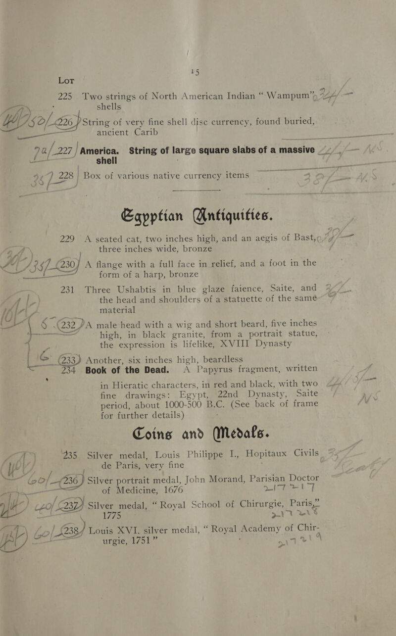 v5 Lot 225 Two strings of North American Indian “ Wampum”, BZ Aa» : shells : jai Son / GAAS O26} ‘String of very fine shell dae currency, found buried, SC ancient Carib ee 7 2/ (227, ‘America. String of large square slabs of a massive ae shell 7 C } 228 Box of various native currency items ame penne anna wd 7 — i Eayptian Mntiquities. 229 <A seated cat, two inches high, and an aegis of Bast, Wi three inches wide, bronze L413 32 230) A flange with a full face in relief, and a foot in the _—— form of a harp, bronze 231 Three Ushabtis in blue glaze faience, Saite, and the head and shoulders of a statuette of the sameé if Ly /, material Ji fw / 7am high, in black granite, from a portrait statue, a the expression is lifelike, XVIII Dynasty gS (233) Another, six inches high, beardless 234 Book of the Dead. A Papyrus fragment, written 5 in Hieratic characters, in red and black, with two fine drawings: Egypt, 22nd Dynasty, Saite period, about 1000- 500 B.C. (See back of frame for further details) Coins and Medals. 235 Silver medal, Louis Philippe I., Hopitaux Civils ee .. dé Paris, very fine SO} of ED) Silver portrait medal, John Morand, Meristag Doctor rie of Medicine, 1676 ae 4 |. Silver medal, “ Royal School of Chirurgie, Paris,” 1775 ; >~) mor &amp;  baal urgie, 1751” Be Y a -