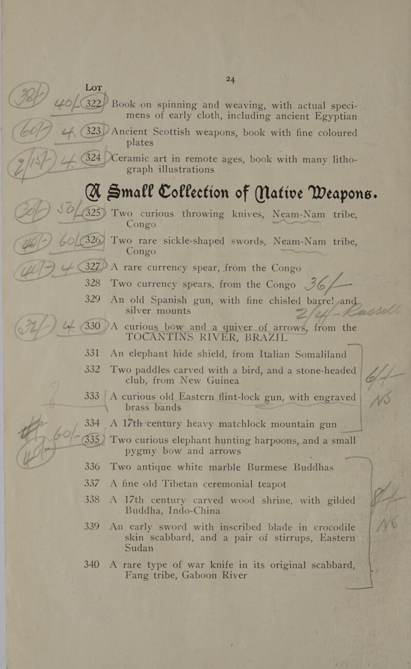a oot 322H Book on spinning and weaving, with actual speci- , mens of early cloth, including ancient Egyptian plates 324 | Ceramic art in remote ages, book with many litho- graph illustrations @ Small Collection of Native Weapons. Congo Congo #”) 328 Two currency spears, from the Congo IC/ — 329. An old Spanish gun, with fine chisled bagrel a silver mounts “2 fPL 330 )A curious bow anda quiver of arrows, ae the TOCANTINS RIVER, BRAZIL im 1 331 An elephant hide shield, from Italian Somaliland | 332 Two paddles carved with a bird, and a stone-headed / O/ i club, from New Guinea 7 > 333. A curious old Eastern flint- lock gun, with engrav ed | Mo brass bands 334 A 17th century heavy matchlock mountain gun pygmy bow and arrows 336 Two antique white marble Burmese Buddhas 337. A fine old Tibetan ceremonial teapot bahy 338 A 17th century carved wood shrine, with gilded i er Buddha, Indo-China 339, An early sword with inscribed blade in crocodile /¥* skin scabbard, and a pair of stirrups, Eastern | Sudan 340 A rare type of war knife in its original scabbard, Fang tribe, Gaboon River