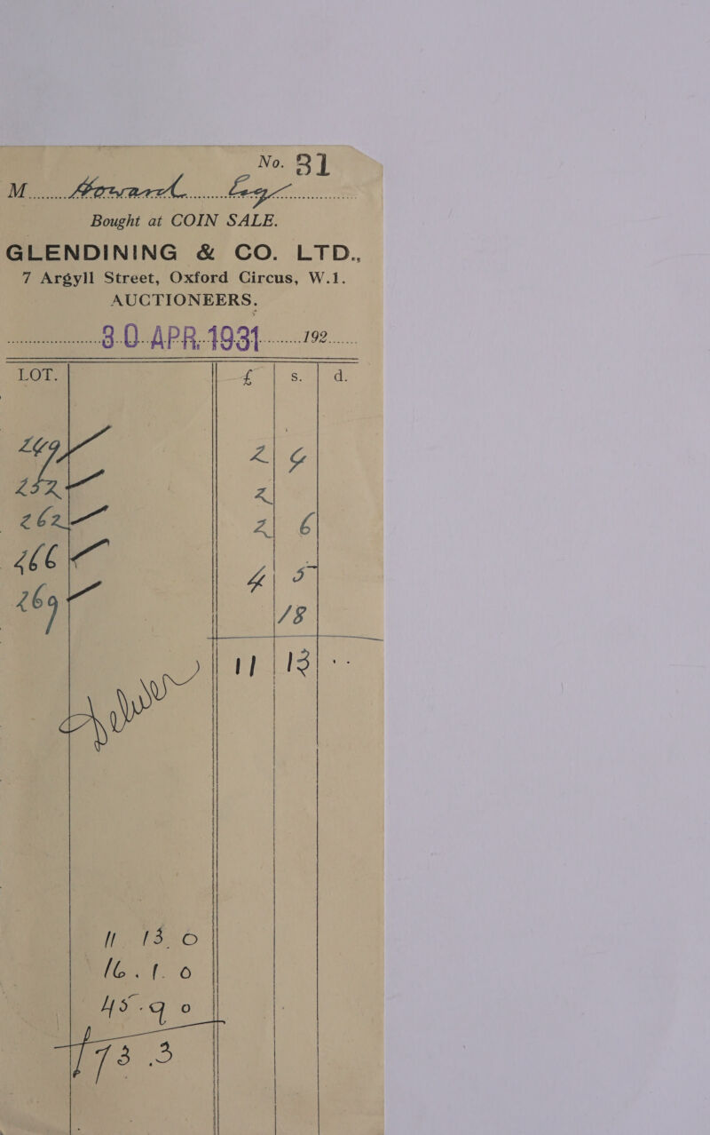  Bought at COIN SALE. GLENDINING &amp; CO. LTD. 7 Argyll Street, Oxford Circus, W.1. AUCTIONEERS. corse APR AG BT 192. 