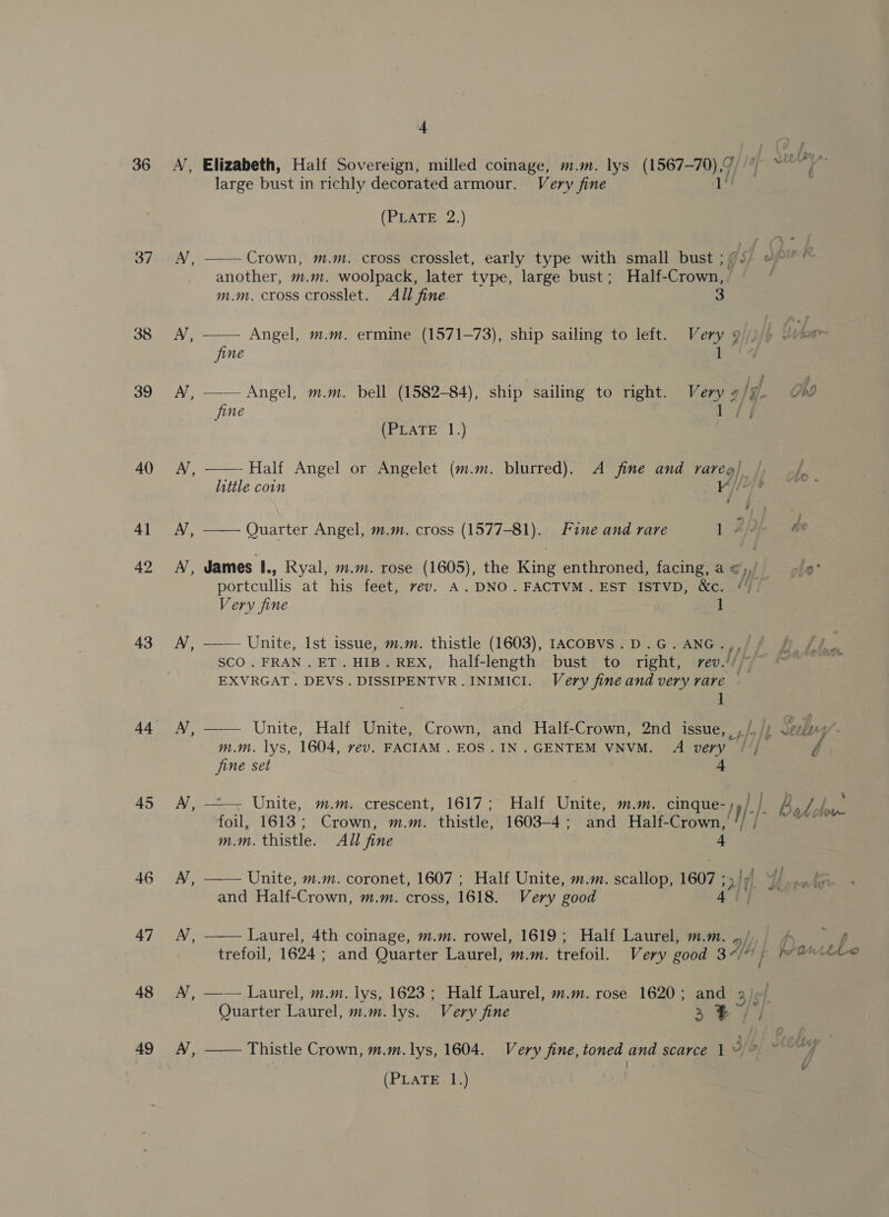 36 37 38 39 40 4] 42 43 45 46 47 48 49 AN “ A, 4 (PEATE: 2.) m.m. cross crosslet. All fine. 3 fine fine (PLATE 1.) —— Half Angel or Angelet (m.m. little coun  1 7 ‘ Very fine 1 fine set ——. Unite, m.m. crescent, 1617; foil, 1613; Crown, m.m. thistle, m.m. thistle. All fine  and Half-Crown, m.m. cross, 1618.  ‘ % 8 1603-4 ; and Half-Crown, ‘ 4 Very good —— Thistle Crown, m.m. lys, 1604.