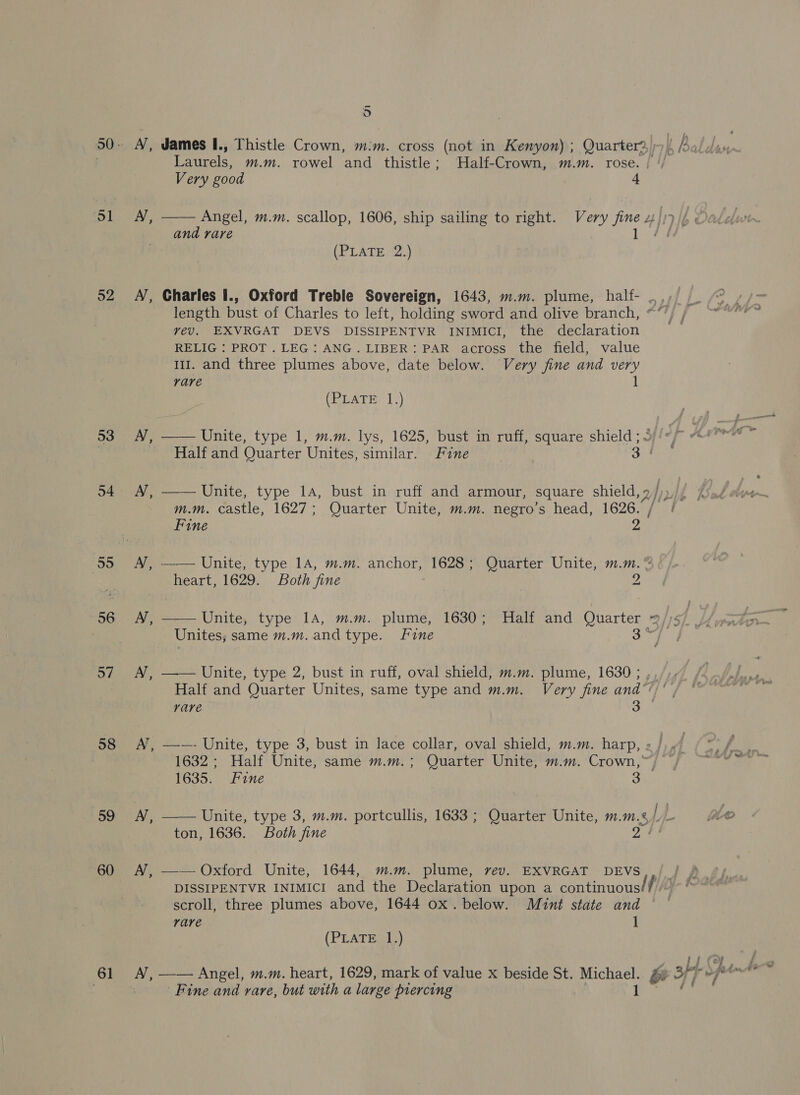 ‘31 52 53 34 55 56 58 59 60 - o  A, James I., Thistle Crown, m.m. cross (not in Kenyon); Quarter?) b Be Laurels, m.m. rowel and thistle; MHalf-Crown, m.m. rose. | ‘/ Very good 4 A, Angel, m.m. scallop, 1606, ship sailing to right. Very fine x yi 1 /| and rare (PLATE » 2.) A’, Charles I., Oxford Treble Sovereign, 1643, m.m. plume, half- .,,) length bust of Charles to left, holding sword and olive branch, ~’’; , vev. EXVRGAT DEVS DISSIPENTVR INIMICI, the declaration RELIG : PROT. LEG: ANG. LIBER: PAR across the field, value 11. and three plumes above, date below. Very fine and very rare 1 (PLATE 1.)  N, - Unite, type 1, m.m. lys, 1625, bust in ruff, square shield ; J Half and Quarter Unites, similar. Fine 3 A’, —— Unite, type 14, bust in ruff and armour, square shield, 2 Drhk ad evt— m.m. castle, 1627; Quarter Unite, m.m. negro’s head, 1626. / / Fine 2 A’, —— Unite, type 14, m.m. anchor, 1628; Quarter Unite, m.m.* heart, 1629. Both fine 2 AN, —— Unite, type 14, m.m. plume, 1630; Half and Quarter 2/)s/ Unites; same m.m.andtype. Fine 5 Nana AN’, —— Unite, type 2, bust in ruff, oval shield, m.m. plume, 1630 ; ,, /,, Half and Quarter Unites, same type and m.m. Very fine and’; ' rare 3 A’, ——- Unite, type 3, bust in lace collar, oval shield, m.m. harp, 2 / a 1632; Half Unite, same m.m.; Quarter Unite, m.m. Crown,~ x 1635. Fine 3 AN, —— Unite, type 3, m.m. portcullis, 1633 ; Quarter Unite, m.m.¢/ | /- ile ton, 1636. Both fine Qi A’, ——- Oxford Unite, 1644, m.m. plume, rev. EXVRGAT DEVS DISSIPENTVR INIMICI and the Declaration upon a continuous {0 scroll, three plumes above, 1644 ox. below. Mint state and rare 1 (PLATHRI) Fine and rare, but with a large piercing