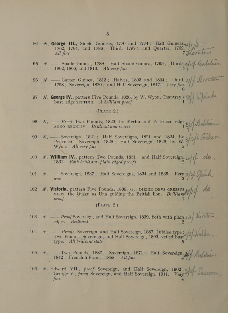 § 94 A, George Il., Shield Guineas, 1770 and 1774; Half Guineas,,) 1762, 1764, and 1786; Third, 1797; and Quarter, 1762. All fine ee 95 A’, —— Spade Guinea, 1789; Half Spade Guinea, 1793 ; ‘Thirds, sf AVY Boe A~ 1802, ay and 1810. All very fine 96 4 - —__— Garter Guinea, 1813; Halves, 1803 and 1804 ;.. Third, yf 1798 ; Sovereign, 1820; and Half Sovereign, ae V ery ine {fp J / - ifo ; 97 A, George IV., sits Five Pounds 1826, by W. Wyon, Chantrey’s aff | vp Un fa.   bust, edge SEPTIMO. A brilliant proof 1 oi (PLATE 2.) 98 A, —— Proof Two Pounds, 1823, by Mots and Pistrucci, edge » s/f be A ae irae ANNO REGNIIV. Brilliant and scarce 99 A, ese 1821; Half Sovereigns, 1821 and 1824, by spf L Gabor Pistrucci; Sovereign, 1825; Half Sovereign, 1826, by Me Wyon, All very fine 100. A, William IV., pattern Two Pounds, 1831; and Half Sovereign, ult oto ; 1831. Both brilliant, plain edged ps 2 | ‘/ o f  101 My, Sovereign, 1837; Half Sovereigns, 1834 and 1835. Very y 2/2 a, Aw re | fine 102 A, Victoria, pattern Five Pounds, 1839, vev. DIRIGE DEVS GRESSUS pf , Me MEOS, the Queen as Una guiding the British lion. Seal iY proof (PLATE 2.) 103. A’, —— Proof Sovereign, and Half Soeur 1839, both with aes 5 | Rm car edges. Brilliant 104 A, ——— Proofs, Sovereign, and Half Sovereign, 1887, Jubilee type ; iS fe 1 AVA nt bir Two Pounds, Sovereign, and Half Sovereign, 1893, veiled bust”) type. All brilliant state 5 105 A’, ——Two Pounds, 1887; Sovereign,. 1871; Half Sovereign, at? , fof me 1842 ; French 5 Francs, 1855. All fine 4 “LLU 106 A’, Edward VII., proof Sovereign, and Half Sovereign, 1902 ; Sf fine