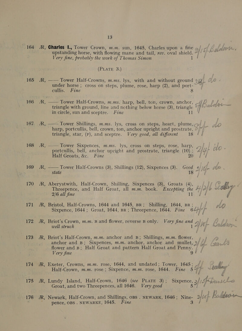 165 168 169 170 171 173 174 175 176 &amp;, AR ~~ Es 3 ES 13 Charles I., Tower Crown, m.m. sun, 1645, Charles upon a fine of) upstanding horse, with flowing mane and tail, vev. oval shield. Very fine, probably the work of Thomas Simon hus (PLATE 3.) —-— Tower Half-Crowns, m.ms. lys, with and without ground * &gt; yy) under horse ; cross on steps, plume, rose, harp (2), and port- cullis. Fine 8 triangle with ground, line and nothing below horse (3), triangle »/f'»** sata &gt; in circle, sun and sceptre.. Fine Lie harp, portcullis, bell, crown, ton, anchor upright and prostrate, triangle, star, (Pp), and sceptre. Very good, all different 18 —— Tower Sixpences, m.ms. lys, cross on steps, rose, harp, _4/ / /, portcullis, bell, anchor upright and prostrate, triangle (10); 4«/47 “ Half Groats, &amp;c. Fine ZUp ta —— Tower Half-Crowns (3), Shillings (12), Sixpences (3). Good o/lsi. Al@ state Is y Aberystwith, Half-Crown, Shilling, Sixpences (3), Groats (4), Z saa oe Threepence, and Half Groat, all mm. book. Excepting a #} ha ; 2/6 all fine ek Bristol, Half-Crowns, 1644 and 1645, BR; Shilling, 1644, Br; . Sixpence, 1644 ; Groat, 1644, BR; Threepence, 1644. Fine 62% if Briot’s Crown, m.m. B and flower, reverse B only. Very fine and ,»~),, well struck 1aGn Briot’s Half-Crown, m.m. anchor and B; Shillings, m.m. flower, anchor and B; Sixpences, m.m. anchor, anchor and mullet, 9/ flower and B; Half Groat and pattern Half Groat and Penny. 7 2 Very fine | gf | Exeter, Crowns, m.m. rose, 1644, and undated; Tower, 1645; ./ rallies Half-Crown, m.m. rose ; Sixpence, m.m. rose, 1644. Fine 5°) “8  : 7, ‘ay Lundy Island, Half-Crown, 1646 (see PLATE 3); Sixpence, ft a Groat, and two Threepences, all 1646. Very good Seas Newark, Half-Crown, and Shillings, oBS . NEWARK, 1646; Nine- Wb L Kali pence, OBS . NEWARKE, 1645. Fine ae ae