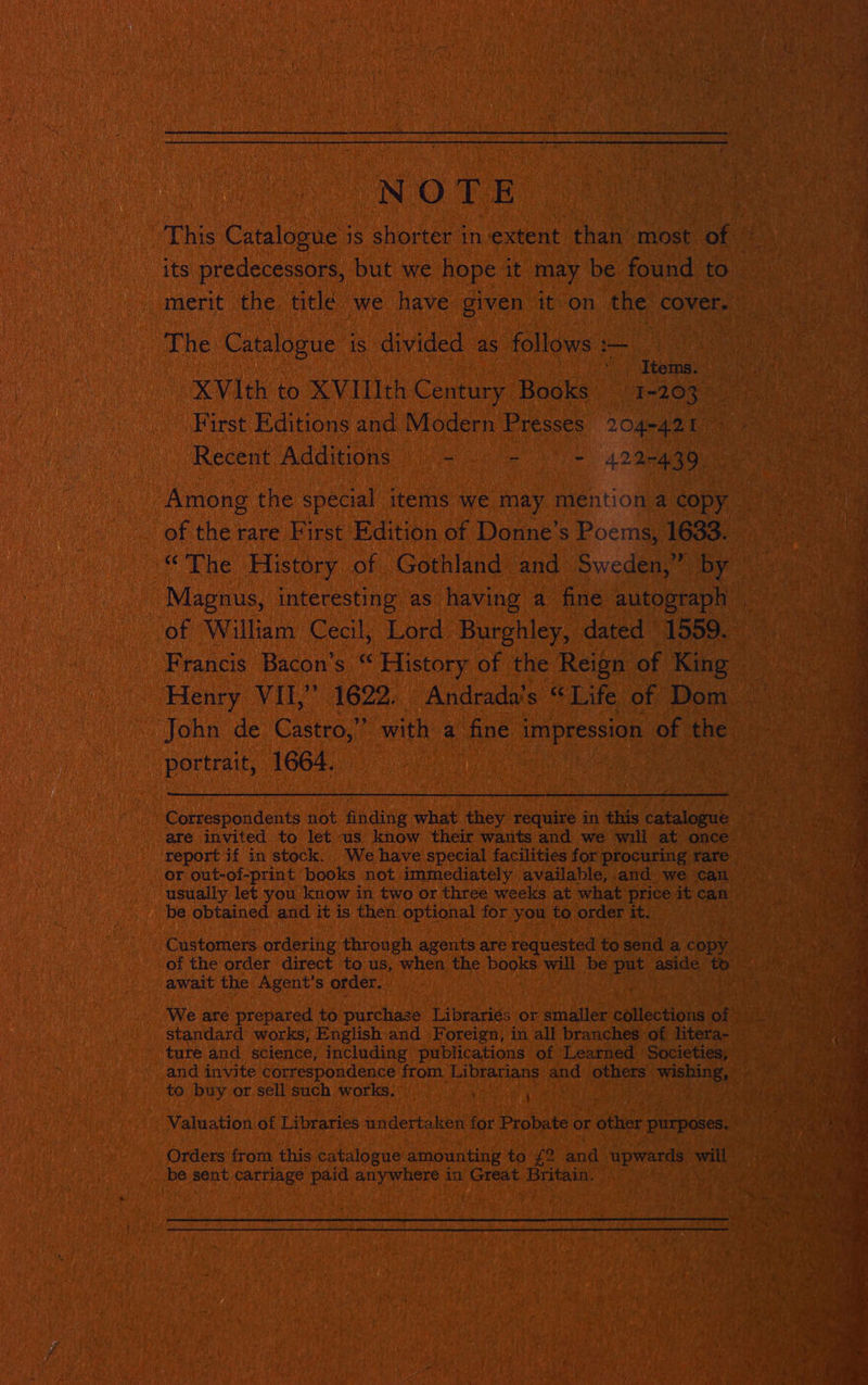  NOTE The Catalogue is divided as’ follows eet wie | Items. portrait, 1664. a   be obtained and it is then optional for you to order ity; await the Agent's order. to buy or sell such works.) yp ._ be sent pctege paid ae lesa in Great Britain.   