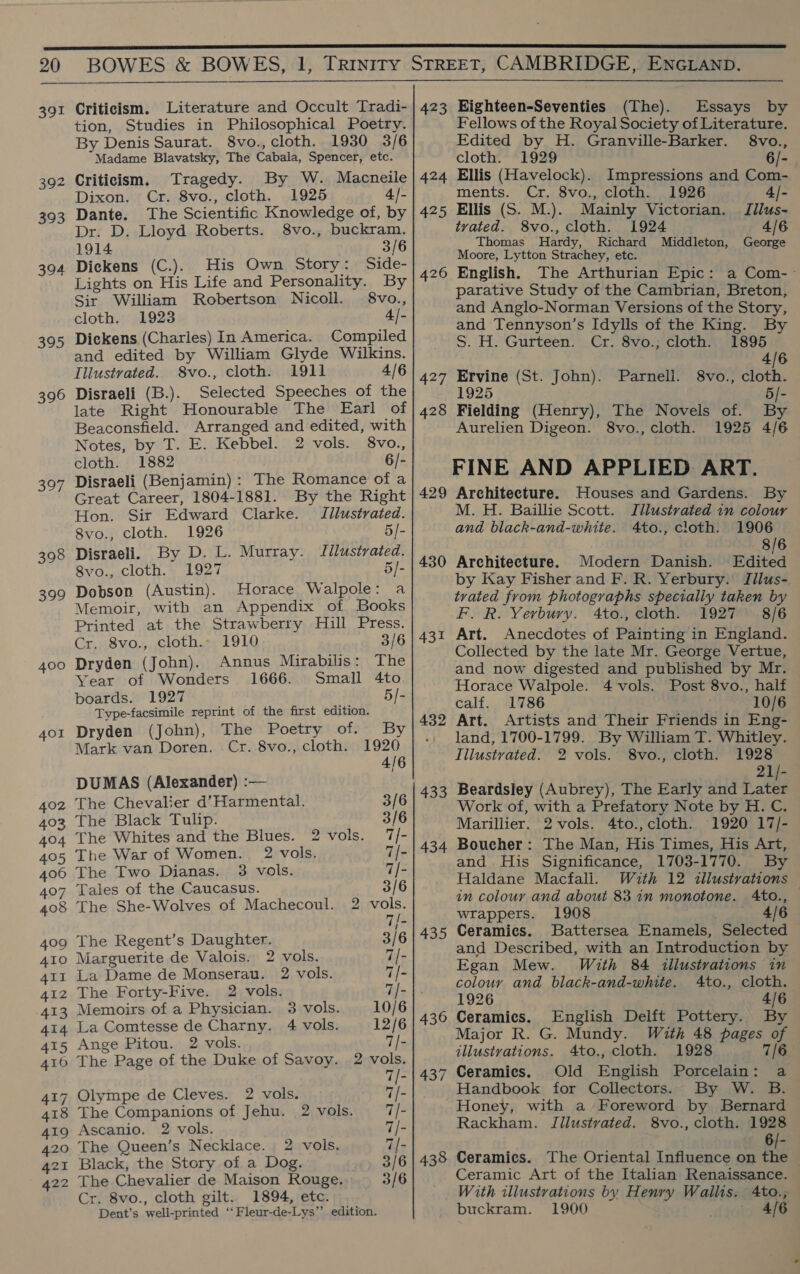  391 392 393 394 395 396 bp ii 398 399 400 401 402 493 404 495 406 407 408 409 410 411 412 413 414 415 410 417 418 419 420 421 422 Criticism. Literature and Occult Tradi- tion, Studies in Philosophical Poetry. By Denis Saurat. 8vo., cloth. 1930 3/6 Madame Blavatsky, The Cabala, Spencer, etc. Criticism. Tragedy. By W. Macneile Dixon. Cr. 8vo., cloth. 1925 4/- Dante. The Scientific Knowledge of, by Dr. D. Lloyd Roberts. 8vo., buckram. 1914 3/6 Dickens (C.). His Own Story: Side- Lights on His Life and Personality. By Sir William Robertson Nicoll. §8vo., cloth. 1923 4|- Dickens (Charles) In America. Compiled and edited by William Glyde Wilkins. Iliustrated. 8vo., cloth. 1911 4/6 Disraeli (B.). Selected Speeches of the late Right Honourable The Earl of Beaconsfield. Arranged and edited, with Notes, by T. E. Kebbel. 2 vols. 8vo., cloth. 1882 6/- Disraeli (Benjamin): The Romance of a Great Career, 1804-1881. By the Right Hon. Sir Edward Clarke. Illustrated. 8vo., cloth. 1926 5/- Disraeli. By D. L. Murray. Illustrated. 8vo., cloth. 1927 5/- Dobson (Austin). Horace Walpole: a Memoir, with an Appendix of Books Printed at the Strawberry Hull Press. Cr. 8vo., cloth.- 1910 3/6 Dryden (John). Annus Mirabilis: The Year of Wonders 1666. Small 4to. boards. 1927 5/- Type-facsimile reprint of the first edition. Dryden (John), The Poetry of. By Mark van Doren. Cr. 8vo., cloth. meth 4, DUMAS (Alexander) :— The Chevalier d’Harmental. 3/6 The Black Tulip. 3/6 The Whites and the Blues. 2 vols. 7/- The War of Women. 2 vols. 7/- The Two Dianas. 3 vols. 7/- Tales of the Caucasus. 3/6 The She-Wolves of Machecoul. 2 part Tie The Regent’s Daughter. 3/6 Marguerite de Valois. 2 vols. 7/- La Dame de Monserau. 2 vols. 7/- The Forty-Five. 2 vols. 7/- Memoirs of a Physician. 3 vols. 10/6 La Comtesse de Charny. 4 vols. 12/6 Ange Pitou. 2 vols. 7/- The Page of the Duke of Savoy. 2 vols. 7/- Olympe de Cleves. 2 vols. . 7/- The Companions of Jehu. 2 vols. 7/- Ascanio. 2 vols. 7/- The Queen’s Necklace. 2 vols. 7/- Black, the Story of a Dog. 3/6 The Chevalier de Maison Rouge. 3/6 Cr. 8vo., cloth gilt. Dent’s well-printed ‘‘Fleur-de-Lys 1894, etc. edition. 423 424 425 426 427 428 429 430 431 432 433 434 435 436 437 438 Eighteen-Seventies (The). Essays by Fellows of the Royal Society of Literature. Edited by H. Granville-Barker. §8vo., cloth. 1929 6/- Ellis (Havelock). Impressions and Com- ments. Cr. 8vo., cloth. 1926 4/- Ellis (S. M.). Mainly Victorian. Jllus- tvated. 8vo., cloth. 1924 4/6 Thomas Hardy, Richard Middleton, George Moore, Lytton Strachey, etc. parative Study of the Cambrian, Breton, and Anglo-Norman Versions of the Story, and Tennyson’s Idylls of the King. By S. H. Gurteen. Cr. 8vo.; cloth. 1895 4/6 Ervine (St. John). Parnell. 8vo., cloth. 1925 5/- Fielding (Henry), The Novels of. By Aurelien Digeon. 8vo., cloth. 1925 4/6 FINE AND APPLIED ART. Architecture. Houses and Gardens. M. H. Baillie Scott. By Illustrated in colour and black-and-white. 4to., cloth. 1906 8/6 Architecture. Modern Danish. Edited by Kay Fisher and F. R. Yerbury. Jilus- trated from photographs specially taken by F. R. Yerbury. 4to., cloth. 1927 8/6 Art. Anecdotes of Painting in England. Collected by the late Mr. George Vertue, and now digested and published by Mr. Horace Walpole. 4 vols. Post 8vo., half calf. 1786 10/6 Art. Artists and Their Friends in Eng- land, 1700-1799. By William T. Whitley. Illustrated: 2 vols. 8vo., cloth. 1928 21/- Beardsley (Aubrey), The Early and Later Work of, with a Prefatory Note by H. C. Marillier. 2 vols. 4to., cloth. 1920 17/- and His Significance, 1703-1770. Haldane Macfali. By in colour and about 83 in monotone. Ato., wrappers. 1908 4/6 Ceramics. Battersea Enamels, Selected and Described, with an Introduction by Egan Mew. With 84 1llustrvations in colour and black-and-white. 4to., cloth. 1926 4/6 Ceramies. English Delft Pottery. By Major R. G. Mundy. With 48 pages of illusivations. 4to., cloth. 1928 7/6 Ceramics. Old English Porcelain: a Handbook for Collectors. By W. B. Honey, with a Foreword by Bernard Rackham. IJilustrated. 8vo., cloth. 1928 6/- Ceramics. The Oriental Influence on the Ceramic Art of the Italian Renaissance. With illustrations by Henry Wallis. 4to., buckram. 1900 4/6