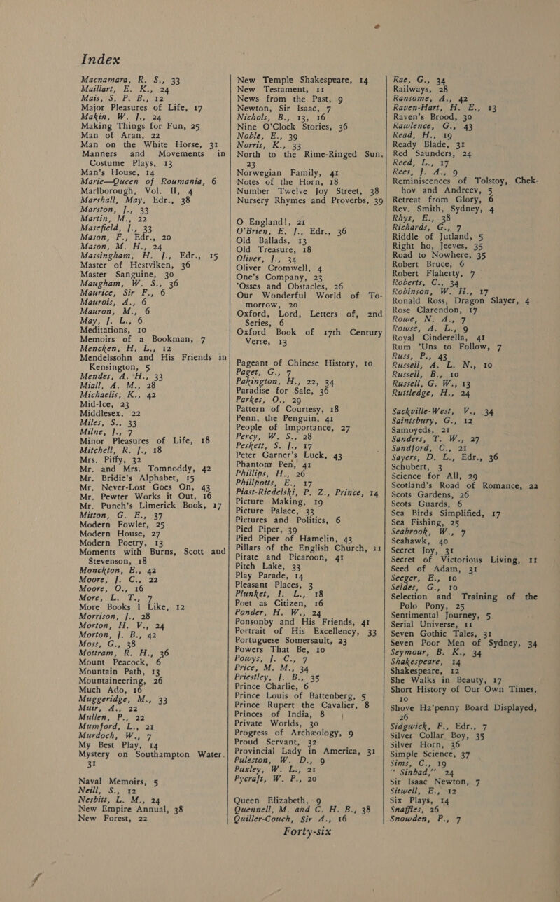 Macnamara, R. S., 33 Maillart, E. K., 24 Mats oS re Deak? Major Pleasures of Life, 17 Makin, W. ]., 24 Making Things for Fun, 25 Man of Aran, 22 Man on the White Horse, 31 Manners and Movements. in Costume Plays, 13 Man’s House, 14 Marie—Queen of Roumania, 6 Marlborough, Vol. II, 4 Marshall, May, Edr., 38 Marston, ]., 33 Martin, M., 22 Masefield, ]., 33 Mason, F., Edr., 20 Mason, M. H., 24 Massingham, H. ]., Edr., 15 Master of Hestviken, 36 Master Sanguine, 30 Maugham, W. S., 36 Maurice, Sir F., 6 Maurois, A., 6 Mauron, M., 6 May, |. L., 6 Meditations, 10 Memoirs of a Bookman, 7 Mencken, H. L., 12 Mendelssohn and His Friends in Kensington, 5 Mendes, A.*H., 33 Miall, A. M., 28 Michaelis, K., 42 Mid-Ice, 23 Middlesex, 22 Miles, S., 33 Milne, ]., 7 Minor Pleasures of Life, 18 Mitchell, R. ]., 18 Mrs. Piffy, 32 Mr. and Mrs. Tomnoddy, 42 Mr. Bridie’s Alphabet, 15 Mr. Never-Lost Goes On, 43 Mr. Pewter Works it Out, 16 Mr. Punch’s Limerick Book, 17 Mitton, G. E., 37 Modern Fowler, 25 Modern House, 27 Modern Poetry, 13 Moments with Burns, Stevenson, 18 Monckton, E., 42 Scott and Moore, J. C., 22 Moore, O., 16 More, LL: 'E; ff More Books I Like, 12 Morrison, ]., 28 Morton, H. V., 24 Morton, |. B., 42 Moss, G., 38 Mottram, R. H., 36 Mount Peacock, 6 Mountain Path, 13 Mountaineering, 26 Much Ado, 1 Muggeridge, M., 33 Muir, A., 22 Mullen, P., 22 Mumford, L., 21 Murdoch, W., 7 My Best Play, 14 Mystery on Southampton Water. 31 Naval Memoirs, 5 Neill, S., 2 Nesbitt, L. M., 24 New Empire Annual, 38  New Temple Shakespeare, 14 New Testament, I1 News from the Past, 9 Newton, Sir Isaac, 7 Nichols, B., 13, 16 Nine O’Clock Stories, 36 Noble, E., 39 Norris, K., 33 North to the Rime-Ringed Sun, 23 Norwegian Family, 41 Notes of the Horn, 18 Number Twelve Joy Street, 38 Nursery Rhymes and Proverbs, 39 O England!, 21 O}Brien ; VE. Bat sO Old Ballads, 13 Old Treasure, 18 Oliver, ]., 34 Oliver Cromwell, 4 One’s Company, 23 Osses and Obstacles, 26 Our Wonderful World of To- morrow, 20 Oxford, Lord, Letters of, 2nd Series, Oxford Book of 137th Century Verse, (13 Pageant of Chinese History, 10 Paget, G., 7 Pakington, H., 22, 34 Paradise for Sale, 36 Parkes, O., 29 Pattern of Courtesy, 18 Penn, the Penguin, 41 People of Importance, 27 Percy, Wa \Sun 28 Peskett usSe af ce ty Peter Garner’s Luck, 43 Phantonr Pen, 41 Phillips, H., 26 Phillpotts, E., 17 Piast-Riedelski, P. Z., Prince, 14 Picture Making, 19 Picture Palace, 33 Pictures and Politics, 6 Pied Piper, 39 Pied Piper of Hamelin, 43 Pillars of the English Church, 11 Pirate and Picaroon, 41 Pitch Lake, 33 Play Parade, 14 Pleasant Places, 3 Plunket, Deis, 018 Poet as Citizen, 16 Ponder, H. W., 24 Ponsonby and His Friends, 41 Portrait of His Excellency, 33 Portuguese Somersault, 23 Powers That Be, 10 POWYS ly ANC 2507 Price, M. M., 34 Priestley, J. B., 35 Prince Charlie, 6 Prince Louis of Battenberg, 5 Prince Rupert the Cavalier, 8 Princes of India, 8 } Private Worlds, 30 Progress of Archeology, 9 Proud Servant, 32 Provincial Lady in America, 31 Puleston, W. D., 9 Puxley, W. L., 21 Pycraft, W. P., 20 Queen Elizabeth, .9 Quennell, M. and C. H. B., 38 Forty-six   Rae, Gy en Railways, 28 Ransome, A., 42 Raven-Hart, H. E., 13 Raven’s Brood, 30 Rawlence, G., 43 Read, H., 19 Ready Blade, 31 Red Saunders, 24 Reed, Li, 17. Reesy fo Ang 20 Reminiscences of Tolstoy, Chek- hov and Andreev, 5 Retreat from Glory, 6 Rev. Smith, Sydney, 4 Rhys, E., 38 Richards, G., 7 Riddle of Jutland, 5 Right ho, Jeeves, 35 Road to Nowhere, 35 Robert Bruce, 6 Robert Flaherty, 7 Roberts, C., 34 Robinson, W. H., 17 Ronald Ross, Dragon Slayer, 4 Rose Clarendon, 17 Rowe, No AG 7 Rowse, A. L., 9 Royal Cinderella, 41 Rum ’Uns to Follow, 7 Russ, Pas 43 Russell, A. L. N., 10 Russell, B., 10 Russell, G. W., 13 Ruttledge, H., 24 Sackville-West, V., 34 Saintsbury, G., 12 Samoyeds, 21 Sanders, Us WW, way, Sandford, C., 21 Sayers, D. L., Edr., 36 Schubert, 3 Science for All, 29 Scotland’s Road of Romance, 22 Scots Gardens, 26 Scots Guards, 6 Sea Birds Simplified, 17 Sea Fishing, 25 Seabrook, W., 7 Seahawk, 40 Secret Joy, 31 Secret of Victorious Living, 11 Seed of Adam, 31 Seeger; Bs Lio Seldes, G., 10 Selection and Training of the Polo Pony, 25 Sentimental Journey, 5 Serial Universe, 11 Seven Gothic Tales, 31 Seven Poor Men of Sydney, 34 Seymour, B. K., 34 Shakespeare, 14 Shakespeare, 12 She Walks in Beauty, 17 Short History of Our Own Times, 10 Shove Ha’penny Board Displayed, 6 2 Sidgwick, F., Edr., 7 Silver Collar Boy, 35 Silver Horn, 36 Simple Science, 37 Sims, C., 19 “ Sinbad,’ 24 Sir Isaac Newton, 7 Sitwell, E., ~12 Six Plays, 14 Snaffies, 26