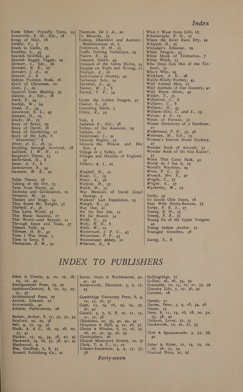 Some Other Friendly Trees, 19 Somerville, E. C., Edr., 18 Songs of Skye, 18 Sorabji,, C., 7 South to Cadiz, 25 Southby, L., 43 Spanish Goldfish, 41 Spanish Raggle Taggle, 2 Spencer; 1S., = Edn 26. «| Spender, B. E-, 27 Spender, ]. A., 10 Spenser, ]., 8 Sphinx Problem Book, 26 Spirit of Christmas, 10 | Spon; J.,.29 Squirrel Goes Skating, 39 Stanley, A., Edr., 18 Stark, F., 24 Starkie, W., 24 Sicad Cyan Stevenson, R. L., 43 Stewart, O., 29 Stocks, M., 15 Story of Babar, 39 Story of David, 28 Story of Gardening, 27 Story of My Life, 6 “* Streamline,’’ 8 ricer, Aa Ga, 205034 Strolling through Scotland, 28 Sullivan, J. W. pies) Surgeon’s China, 23 Sutherland, H., 8 Swan, A. S.,°8 Swinnerton, F., 34 Swinton, W. E., 20 Table Tennis, 26 Taking of the Gry, 33 Tales from Ebony, 43 Technics and Civilization, 21 Tempest, M., 39 Theatre and Stage, 14 They Knew Mr. Knight, 35 Thirkell, A., 36 This Little World, 35 This Music Business, 17 This World—and Beyond, 11 Through Space and Time, 37 Tibetan Trek, 24 Tiltman, H. H., 40 Time I Was Dead, 3 Time to Keep, 8 Thompson, R. W., 21  Thomson, Sir ]. A., 20 To Miranda, 15 Tolstoy, Checkhov and Andreev, Reminiscences of, 5 Tomlinson, H. M., 25 Traffic Driving Technique, 29 Traven, B., 34 Treasure Island, 43 Treasure of the Sierra Madre, 34 Treatise on Right and Wrong, 12 Trollope, A., 26 Turf-Cutter’s Donkey, 42 Turkestan Solo, 24 Turnbull, A., 43 Turner, OW. J: 8 Tweed 1. Bs 34 Under the Golden Dragon, 42 Undset, S., 36 Unending Battle, 3 Uitley, A., 39 Vale, 5 Vallance R., Edr., 38 Valleys of the Assassins, 24 Vatican, 10 Vickerman, ]., 21 Victoria Regina, 14 Victoria the Widow Son, Village in a Valley, 16 Villages and Hamlets of England, and Her 22 Villiers, A. ]., 25 Waddell, H., 10 Wade. Goto Waite, A., 26 Walpole, H., 35 Walsh, M., 35 Wat Memoirs George, 5 Watkins’ Last Expedition, 23 Waugh, E., 35 Way Out, 21 We Do Not Die, We Go Round, 34 Webdi Gs, 39 Wells, H. G., 8 Wells, W., 10 Westerman, J. F. C., 43 Westerman, P. F., 43 Westminster Abbey, 10 Wharton, E., 8 of David Lloyd II    Index What I Want from Life, 15 Wheelwright, E. G., 27 Where the River Runs Dry, 24 Whipple, D., 35 Whitaker’s Almanac, 29 White Dragon, 43 White Monk of Timbuctoo, 7 White Witch, 33 Who Once Eats Out of the Tin- bowl, 31 Who’s Who, 29 Wickham, A. K., 28 Widdy-Widdy-Wurkey, 43 Wild Animal Man, 21 Wild Animals of Our Country, 40 Wild Horse Silver, 42 Wilder, T., 35 Wilkinson, C., 8 Williams, C., 8 Williams, H., 43 Williams-Ellis, C. and S., 19 Wilson, A. E., 15 Winds of Fortune, 32 Winter Diversions of a Gardener, 27 Wodehouse, P. G., 35, 36 Wollman, M., Edr., 13 Woman’s Journal Home Cookery, 27 Wonder Book of Aircraft, 37 Wonder Book of Do You Know?, 37 Wood That Came Back, 42 World As I See It, 15 World’s Warships, 29 Wren, P.\ C., 35 Wrench, Mrs. S., 27 Wright, C., 35 Wright, R., 27 Wycherley, W., 15 Yacki, 39 Ye Goode Olde Dayes, 18 Year With Bisshe-Bantam, Wore, (Ei Rin S027 Young, E. H., 35 Young, F. B., 35 Young Fu of the Upper Yangtze, 2 oer Indian Author, 17 Youngest Omnibus, 38 17 Zweig, S., 8 Allen &amp; Unwin, 9, 10, 15, 18, 10, 52255 42 Amalgamated Press, 19, 27 Appleton-Century, 8, 10, 23, 25, 31, 37 Architectural Press, 27 Arnold, Edward, 17 Arrowsmith, 42 Athletic Publications, 26 Barker, Arthur, 8, I1, 30, 32, 34 Batsford, 22, 25, 38 Bell, 9, 17, 19, 36 Black,’ Av \&amp; C., 18, 19, 28; 29, 37>, 41 Blackie, 17, 23, 34, 38, 40, 43 Blackwell, 14, 16, 37, 38, 41, 43 Blackwood, 9 Bles, Geoffrey, 6, 8, 33 Boswell Publishing Co., 21 Burns, Oates &amp; Washbourne, 40, 41, 43 Butterworth, Thornton, 3, 5, 17, 23 Cambridge University Press, 6, 9, 12 Risse LOveE sz, CAPS wats rAneas Oy 23, 35; 36, 42 Cassell ss Ow oe O. TT aoa) 31, 32, 36 Chambers, 20, 35, 40, 42, 43 Chapman &amp; Hall, 4, 22, 26, 35 Chatto &amp; Windus, 6, 10, 16, 23, 28, 30, 32, 34, 36, 39 Christophers, 26 Church Missionary Society, 12, 37 Clarki) Par&amp;«. Tey ad bite Cobden-Sanderson, 4, 5, 17, 37; 38 24, Forty-seven Collingridge, 27 Collins, 26, 28, 34, 39 Constable, 10, 13, 15, 21, 33, 39 Country Life, 7, 27, 36, 41 Curwen, 18 Daniel, 11 Davies, Peter, 3, 9, 18, 34, 36 Deane, 13 Dents8)) 10,8 14; 103 185,120, 325 35> 38, 42 Dickson, Lovat, 32, 33 Duckworth, 12, 20, 21, 33 Eyre &amp; Spottiswoode, 3, 33, 39> 42 Faber &amp; Faber, 205, 20.0320 34 Fenland Press, 21, 27 EPye td, £9; 0225