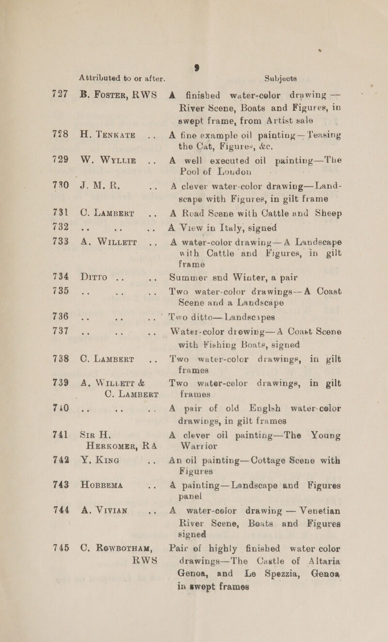 A finished water-color drawing — River Scene, Boats and Figures, in swept frame, from Artist sale A fine example oil painting — Teasing the Cat, Figures, &amp;e. A well executed oil painting—The Pool of Loudon A clever water-color drawing— Land- scape with Figures, in gilt frame A Road Scene with Cattle and Sheep A View in Italy, signed A water-color drawing— A Landscape with Cattle and Figures, in gilt frame Summer snd Wiater, a pair Two water-color dérawings--A Coast Scene and a Landscape 727 ~=B. Fostzr, RWS 728 H. Tenkate 729) W. Wytuir 7b J, MR. 731 CC. LaMBERT WOE: ks A$ 733) A. WiIbverr 734 Durro 735 736 C31 7388 CC. Lampert 739° A. WiuLetr &amp; C, LAMBERT 0. t 5 741 Sir H. Herkomer, RA 742 Y, Kine 743 Hopspema 744 A, ViviIAN 745 C, Rewsoruam, RWS Water-color dreowing—A Coast Scene with Fishing Boats, signed Two water-color drawings, in gilt frames Two water-celor drawings, in gilt frames A pair of old Englsh water-celor drawings, in gilt frames A clever oil painting—The Young Warrior An oil painting— Cottage Scene with Figures A painting—Landscape and Figures panel A water-ceior drawing — Venetian River Seene, Boats and Figures signed Pair of highly finished water color drawings—The Castle of Altaria Genoa, and Le Spezzia, Genoa in swept frames