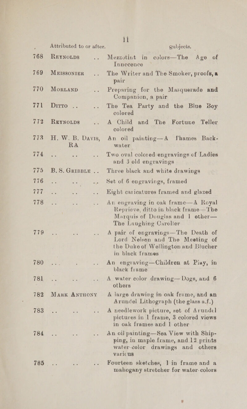 168 769 770 771 772 773 774 775 776 777 778 779 780 781 782 783 784 785 Attributed to or after. REYNOLDS MEISSONIER MorLANnD Ditto REYNOLDS H, W. B. Davis, RA B.S. GRIBBLE .. Mark ANTHONY ii gubjects. ; Mezzotint in colors—The Age of Innocence The Writer and The Smoker, proofs, a pair Preparing for the Masquerade and Companion, a pair The Tea Party and the Blue Boy colored A Child and The Fortune Teller colored An oil painting—A YThames Back- water Two oval colored engravings of Ladies and 3 old engravings Three black and white drawings Set of 6 engravings, framed Eight caricatures framed and glazed Aw engraving in oak frame—A Royal Reprieve, ditto in black frame—'The Marquis of Douglas and | other— The Laughing Caroller A pair of engravings—The Death of Lord Nelson and The Meeting of the Duke et Wellington and Biucher in black frames An engraving—Children at Play, in black frame A water color drawing— Dogs, and 6 others A large drawing in oak frame, and an Arundel Lithograph (the glass a.f.) A needlework picture, set of Arundel | pictures in 1 frame, 3 colored views in oak frames and | other An oil painting—Sea View with Ship- ping, in maple frame, and 12 prints water-color drawings and others varic us | Fourteen sketches, ] in frame and a mahogany stretcher for water- colors