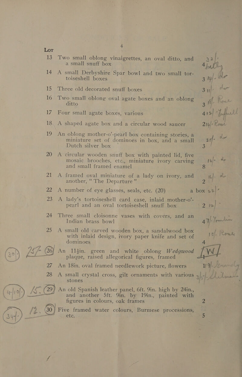  Fhe ell — r= 13 14 15 16 17 18 19 Zi 22 2 24 25 ad 28 —&lt; 4 Two small oblong vinaigrettes, an oval ditto, and a small snuff box A small Derbyshire Spar bowl and two small tor- toiseshell boxes Three old decorated snuff boxes ditto Four small agate boxes, various A shaped agate box and a circular wood ‘saucer An oblong mother-o’-pearl box containing stories, a Dutch silver box A circular wooden snuff box with painted lid, five mosaic brooches, etc., miniature ivory carving and small framed enamel A framed oval miniature of a lady on ivory, and another “Pie. epagiice A number of eye glasses, seals, etc. (20) a A lady’s tortoiseshell card case, inlaid mother-o’- pearl and an oval tortoiseshell snuff box Three small cloisonne vases with covers, and an Indian brass bowl A small old carved wooden box, a sandalwood box with inlaid design, ivory paper knife and set of dominoes An 11kin. green and white oblong Wedgwood plaque, raised allegorical figures, framed An 181n. oval framed needlework picture, flowers A small crystal cross, gilt ornaments with various stones and another 5ft. 9in. by 19in., painted with figures in colours, oak frames ELC, 32); 4 es 3 lyf. Ar 37 | 4 3 f- M- 41%] “pw Q1ul- Rowe 3 ; to/- Me 8 aE ol Ay box v2} * 2 I) 41) | pie pagnite of. | Leek [al