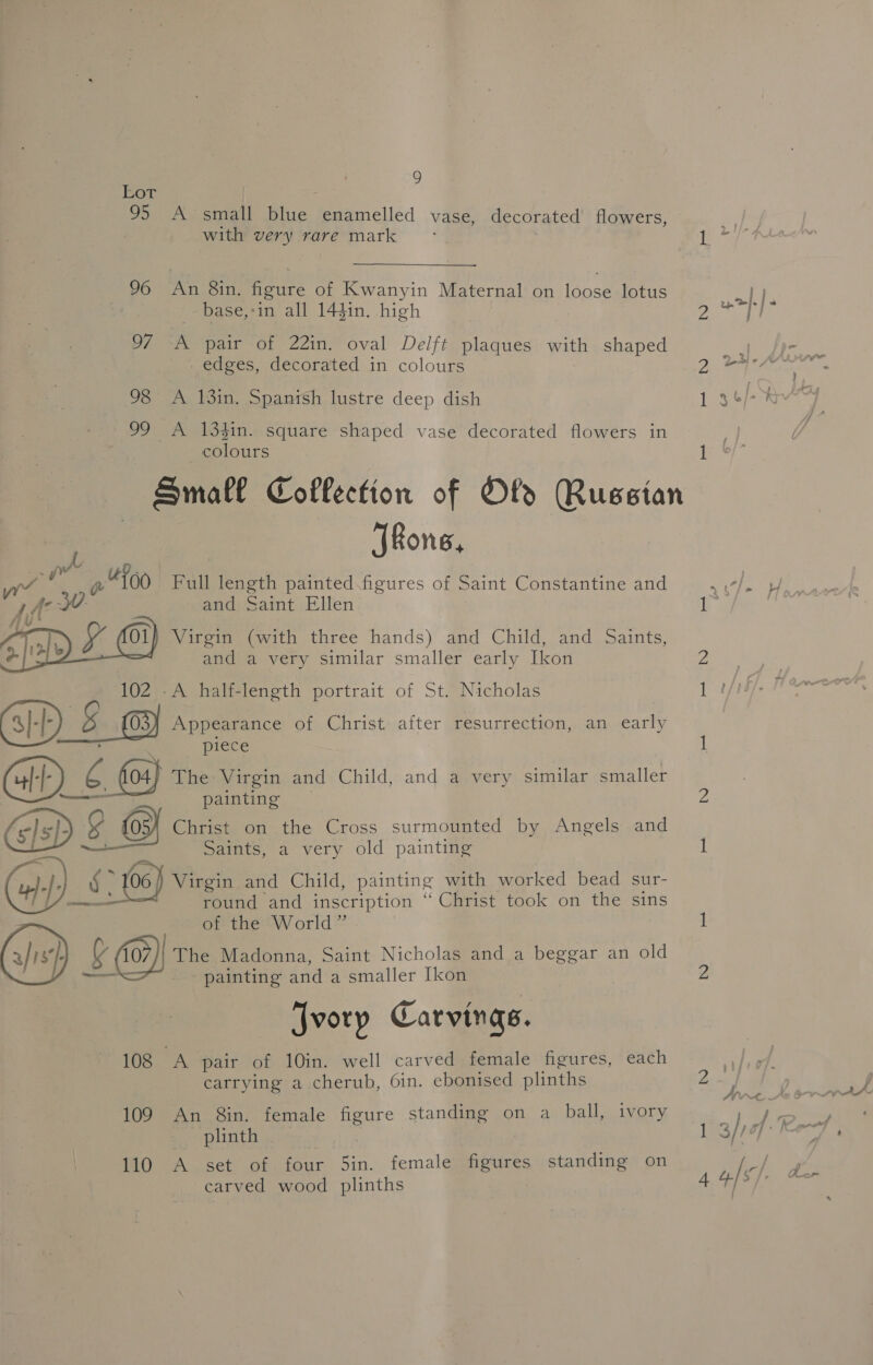 Lor 95 A small ia: enamelled vase, decorated flowers, with very rare mark : 96 An 8in. figure of Kwanyin Maternal on tanga lotus base,-in all 14$in. high 97 -A pair of 22in. oval Delft plaques with shaped _edges, decorated in colours 98 A 13in. Spanish lustre deep dish 99 A 134in. square shaped vase decorated flowers in colours Small Coflection of Ofo Russian Jfons, ag eee es : “100 Full length painted figures of Saint Constantine and and Saint Ellen «ED y OY Virgin (with three hands) and Child, and Saints, and a very similar smaller early Ikon  102 -A half-length portrait of St. Nicholas Appearance of Christ» after resurrection, an early piece ae) The Virgin and Child, and a very similar smaller Tr painting Gish § @ Christ on the Cross surmounted by Angels and Saints, a very old painting (ty) f° &gt; 106) Virgin and Child, painting with worked bead sur- round and inscription ‘ ‘Christ took on the sins of the World” ( (02) The Madonna, Saint Nicholas and a beggar an old ve painting and a smaller Ikon Jvorp Carvings. 108 A pair of 10in. well carved female figures, each carrying a cherub, 6in. ebonised plinths 109 An 8in. female figure standing on a ball, ivory plinth 110 A set of four Sin. female figures standing on carved wood plinths