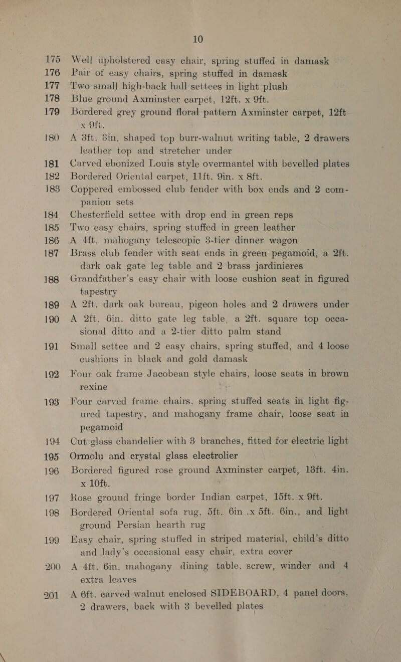 175 176 177 178 179 180 181 182 183 184 185 186 187 188 189 190 191 192 193 194 195 197 198 199 200 10 Well upholstered easy chair, spring stuffed in damask Pair of easy chairs, spring stuffed in damask Two small high+back hall settees in light plush Blue ground Axminster carpet, 12ft. x 9ft. Bordered grey ground floral pattern Axminster carpet, 12ft (x Oft. A 38ft. din, shaped top burr-walnut writing table, 2 drawers leather top and stretcher under Carved ebonized Louis style overmantel with bevelled plates Bordered Oriental carpet, 11ft. 9in. x 8ft. Coppered embossed club fender with box ends and 2 com- panion sets Chesterfield settee with drop end in green reps Two easy chairs, spring stuffed in green leather A 4ft. mahogany telescopic 3-tier dinner wagon Brass club fender with seat ends in green pegamoid, a 2ft. dark oak gate leg table and 2 brass jardinieres Grandfather’s easy chair with loose cushion seat in figured tapestry A 2ft. dark oak bureau, pigeon holes and 2 drawers under A 2ft. 6in. ditto gate leg table, a 2ft. square top occa- sional ditto and a 2-tier ditto paim stand Small settee and 2 easy chairs, spring stuffed, and 4 loose cushions in black and gold damask Four oak frame Jacobean style chairs, loose seats in brown rexine Four carved frame chairs. spring stuffed seats in light fig- ured tapestry, and mahogany frame chair, loose seat in pegamoid Cut glass chandelier with 3 branches, fitted for electric light Ormolu and crystal glass electrolier Bordered figured rose ground Axminster carpet, 18ft. 4in. x 10ft. Rose ground fringe border Indian carpet, 1dft. x 9ft. Bordered Oriental sofa rug, dft. 6in .x dft. 6in., and light ground Persian hearth rug | Easy chair, spring stuffed in striped material, child's ditto and lady’s occasional easy chair, extra cover A 4ft. 6in. mahogany dining table, screw, winder and 4 extra leaves A yh carved walnut enclosed SIDEBOARD, 4 pane doors,