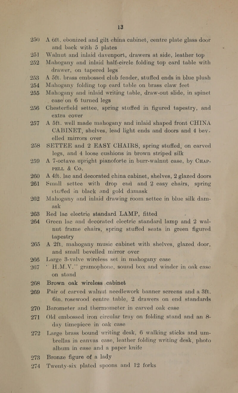 YAV 266 267 268 269 273 274 13 A oft. ebonized and gilt vhina cabinet, centre plate glass door and back with 5 plates Walnut and inlaid davenport, drawers at side, leather top Mahogany and inlaid half-circle folding top card table with drawer, on tapered legs A 5ft. brass embossed club fender, stuffed ends in blue plush Mahogany folding top card table on brass claw feet Mahogany and inlaid writing table, draw-out slide, in spinet _ case on 6 turned legs Chesterfield settee, spring stuffed in figured tapestry, and extra cover A 5ft. well made mahogany and inlaid shaped front CHINA CABINET) shelves, lead light ends and doors and 4 bev- elled mirrors over SETTEE and 2 EASY CHAIRS, spring stuffed, on carved legs, and 4 loose cushions in brown striped silk A 7-octave upright pianoforte in burr-walnut case, by CHap- PELL &amp; Co. A 4ft. lac and decorated china cabinet, shelves, 2 glazed doors Simall settee with drop end and 2 easy chairs, spring stuffed in black and gold damask Mahogany and inlaid drawing room settee in blue silk dam- ask Red lac electric standard LAMP, fitted Green lac and decorated electric standard lamp and 2 wal- nut frame chairs, spring stuffed seats in green figured tapestry ) A 2ft. mahogany music cabinet with shelves, glazed door, and small bevelled mirror over Lee 8-valve wireless set in mahogany case 'H.M.YV.”’ gramophone, sound box and winder in oak ease on stand Brown oak wireless cabinet Pair of carved walnut needlework banner screens and a 8ft. 6in. rosewood centre table, 2 drawers on end standards Barometer and thermometer in carved oak case Old embossed iron circular tray on folding stand and an 8- day timepiece in oak case Large brass bound writing desk, 6 walking sticks and um- brellas in canvas case, leather folding writing desk, photo album in ease and a paper knife Bronze figure of a lady Twenty-six plated spoons and 12 forks