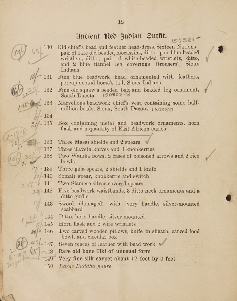 130 132 - 134 — i I) | / y 1. r, 136 © oy. 1) 30/-- 138 wre a /4/- 139 /2/-140 Hb 141 yi- 142 143 | ye % 144 » OO pd 145 20) 146  | 148 150 12 Ancient Red Fndian Outtit. 1p 3ei- Old chief’s bead and feather head-dress, Pickin Nations pair of rare old beaded mocassins, ditto; pair blue-beaded wristlets, ditto; pair of white- beaded wristlets, ditto, and 2 blue flannel leg coverings (trousers), Sioux Indians Fine blue beadwork head ornamented with feathers, porcupine and horse’s tail, Sioux Indians Fine old squaw’s beaded bei and beaded leg ornament, South Dacota (tSO802- Marvellous beadwork chief’s vest, containing some half- million beads, Sioux, South Dacota ;Ssoxzzoa Box containing metal and beadwork ornaments, horn flask and a quantity of Hast African curios Three Masai shields and 2 spears V Three Taveta knives and 3 knobkerries Two Wanika bows, 2 cases of poisoned arrows and 2 rice bowls Three gala spears, % shields and 1 knife Somali spear, knobkerrie and switch Two Siamese silver-covered spears Five beadwork waistbands, 3 ditto neck ornaments and a ditto girdle Sword (damaged) scabbard Ditto, horn handle, silver mounted Horn flask and 2 wire wristlets ''wo carved wooden pillows, knife in sheath, carved food bowl, and circular box Seven pieces of leather with bead work JS Rare old bone Tiki of unusual form Large Buddha figure with ivory handle, silver-mounted 