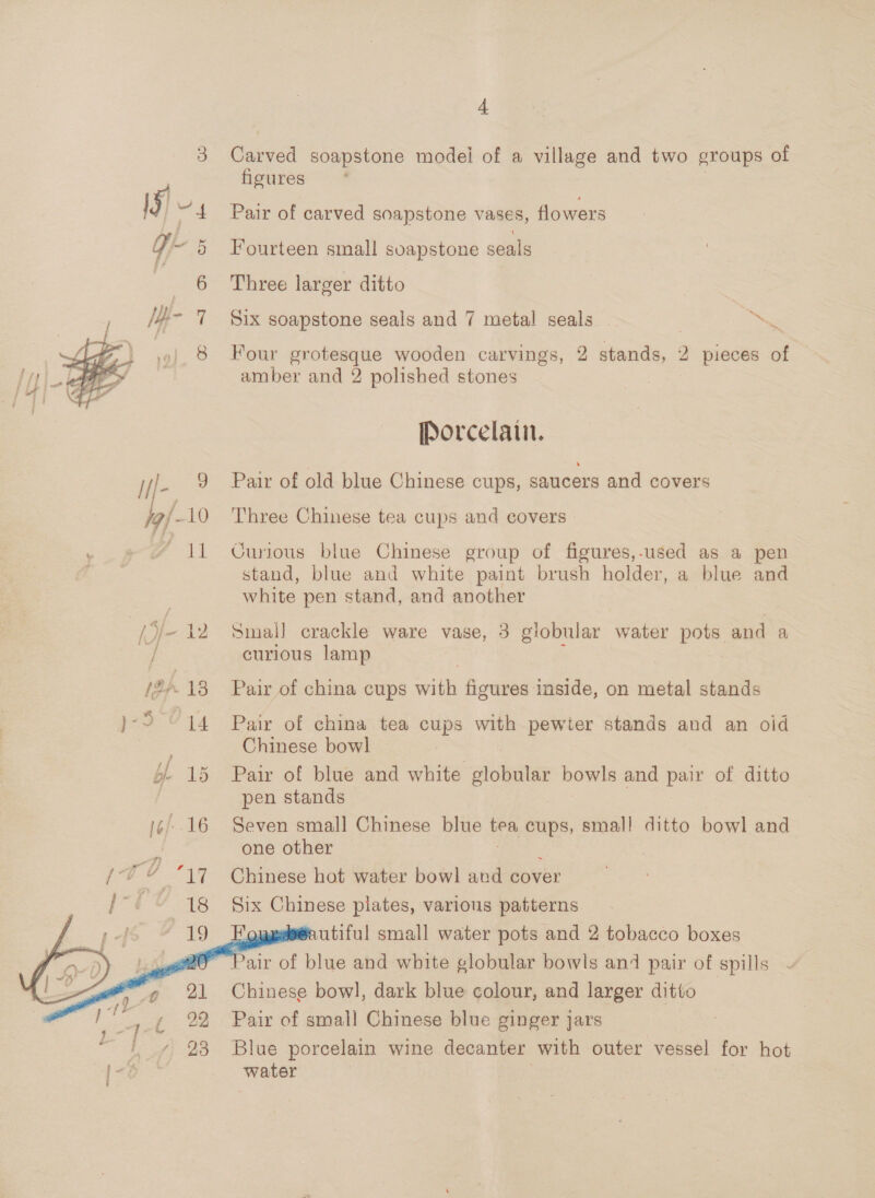 3 Carved soapstone modei of a village and two groups of figures 15 “4 Pair of carved soapstone vases, flowers Fourteen small soapstone seals Three larger ditto Six soapstone seals and 7 metal seals _ | “Ses Four grotesque wooden carvings, 2 stands, 2 pieces of amber and 2 polished stones |  Porcelain. jj/- 9 Paar of old blue Chinese cups, saucers and covers g/-10 Three Chinese tea cups and covers 11 Curious blue Chinese group of figures,-used as a pen stand, blue and white paint brush holder, a blue and white pen stand, and another / Ye 12 Smal] crackle ware vase, 3 globular Wate pee and a / curious lamp /2-18 Pair of china cups with figures inside, on metal stands )-5 14 Pair of china tea cups with pewter stands and an oid | Chinese bowl bf 15 Pair of blue and white albbaitae bowls and pair of ditto i pen stands }6/ 16 Seven small Chinese blue tea cups, small ditto bowl and one other | (7 “17 Chinese hot water bowl and cover “Gt Six Chinese plates, various patterns pes@cutiful small water pots and 2 tobacco boxes air of blue and white globular bowls and pair of spills 21 Chinese bowl, dark blue colour, and larger ditto | 22 Pair of small Chinese blue ginger jars 23 Blue porcelain wine decanter with outer vessel for hot [-é water   
